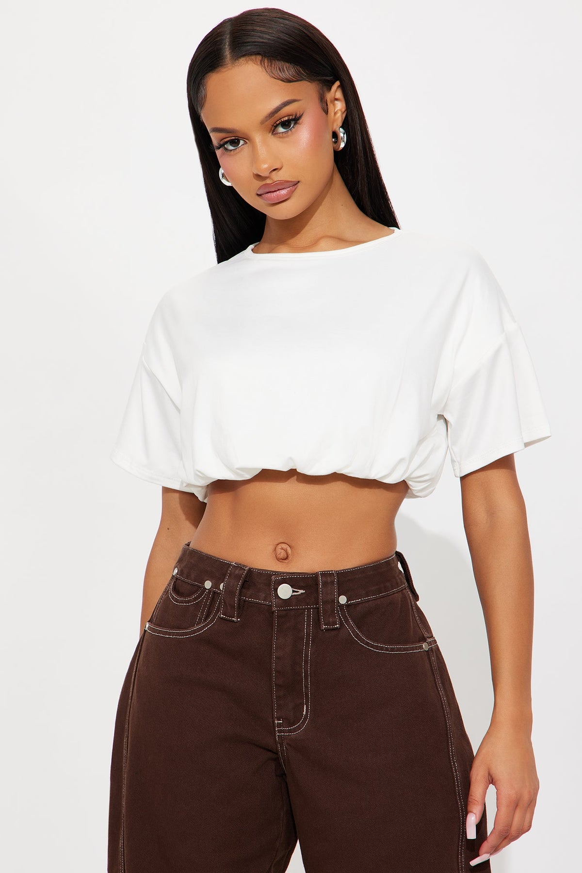 Briar Short Sleeve Bubble Hem T Shirt - Ivory