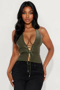 Sugar Honey Faux Leather Halter Top - Olive
