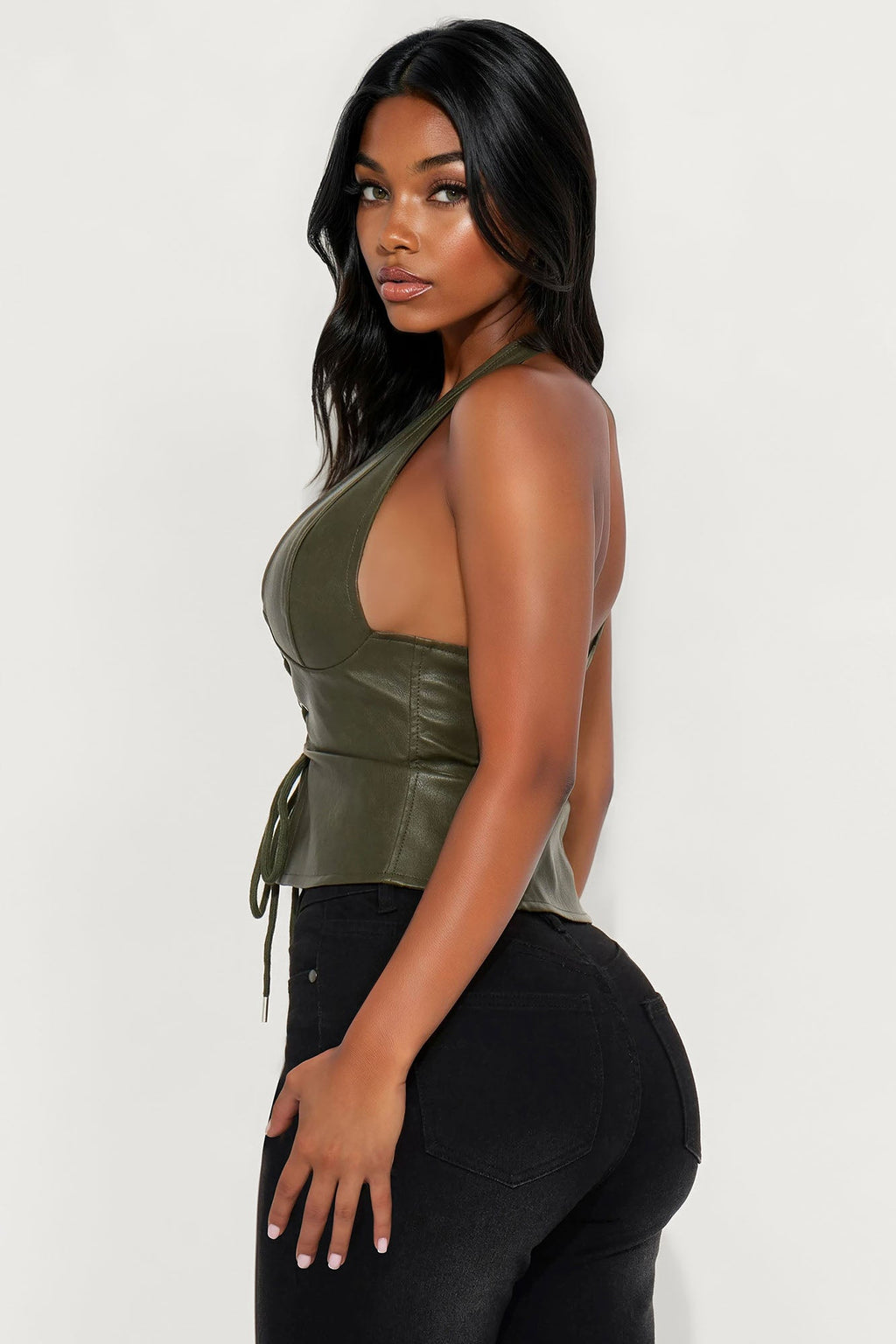 Sugar Honey Faux Leather Halter Top - Olive