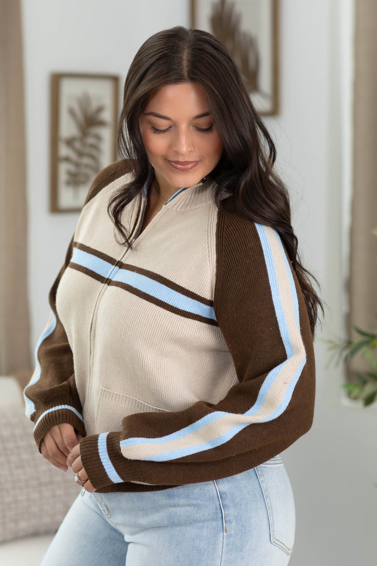 Cotierra Brown And Beige Zip Up Sweater Jackets