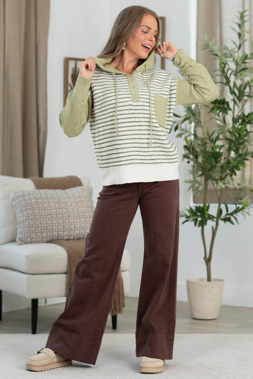 Staccato Light Olive Striped Half Button Hoodie Sweater