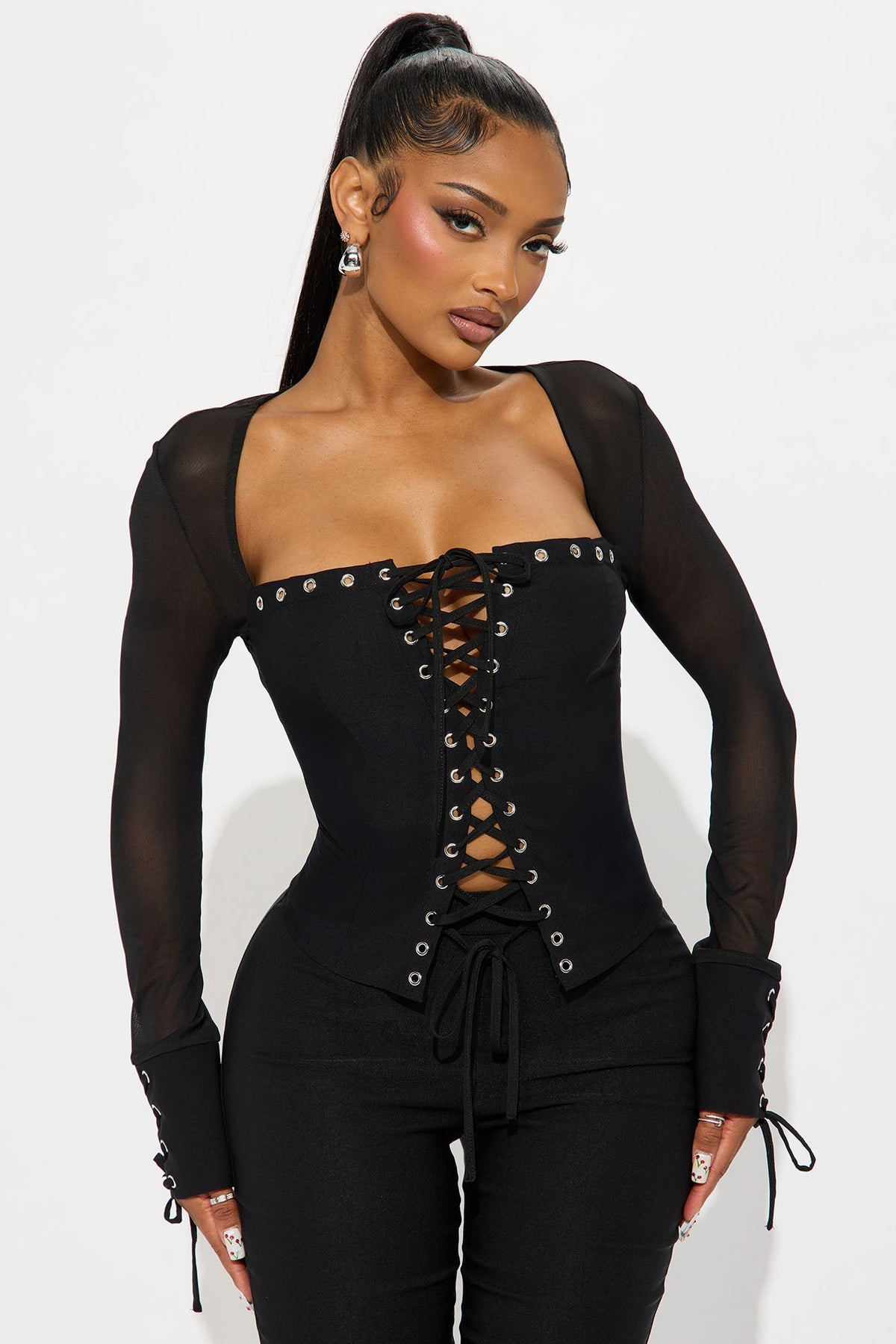 Irma Long Sleeve Corset Top - Black