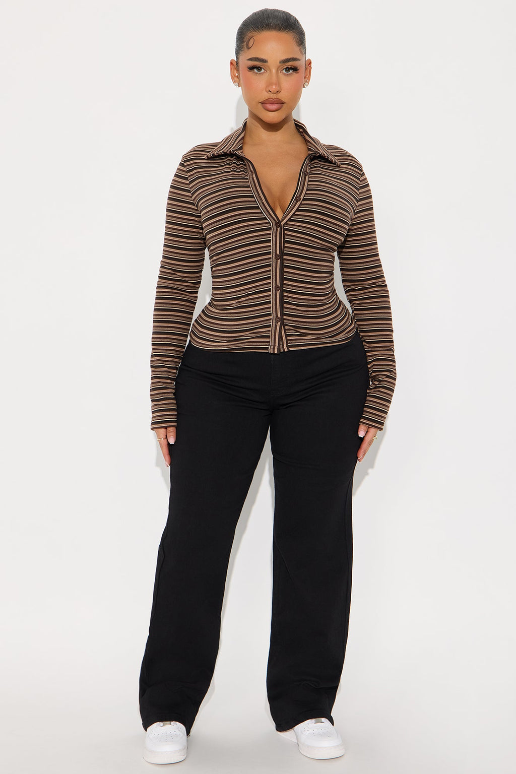 Trudy Striped Button Up Shirt - Brown/combo