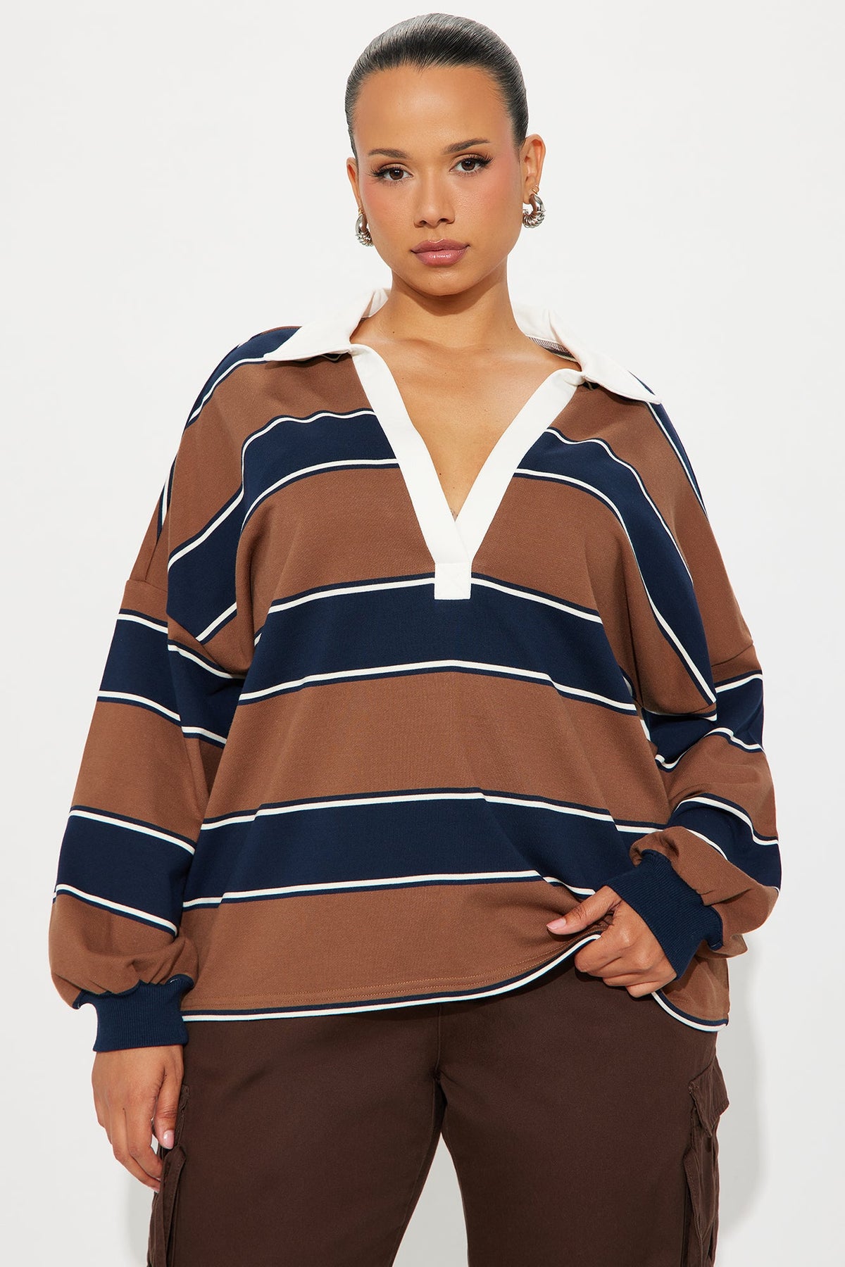 Emerson Long Sleeve Polo Top - Brown/combo
