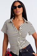 High Strung Asymmetrical Button Up Shirt - Cream/combo