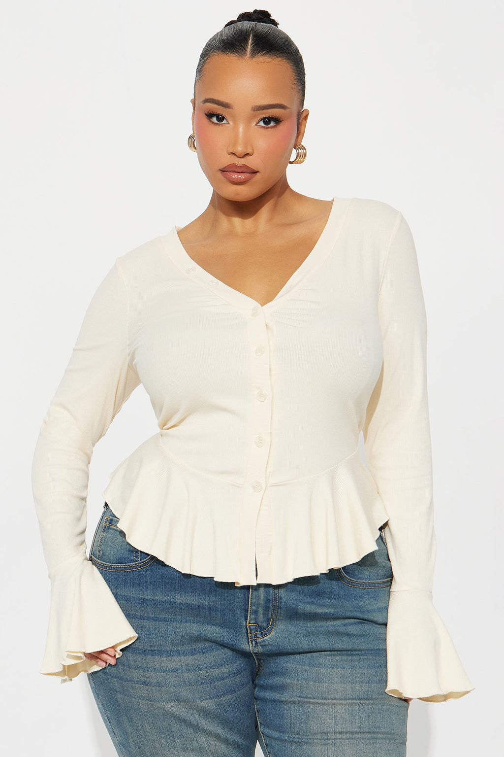 Arrow Long Sleeve Button Up Top - Ivory