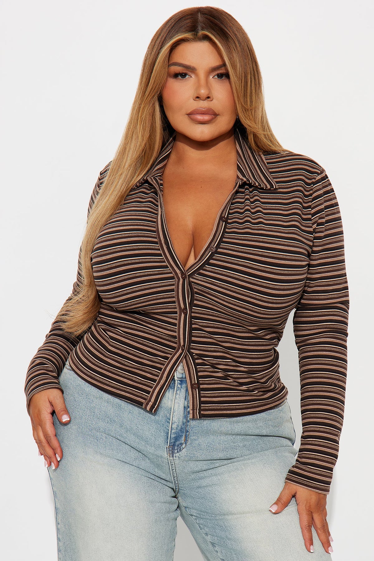 Trudy Striped Button Up Shirt - Brown/combo