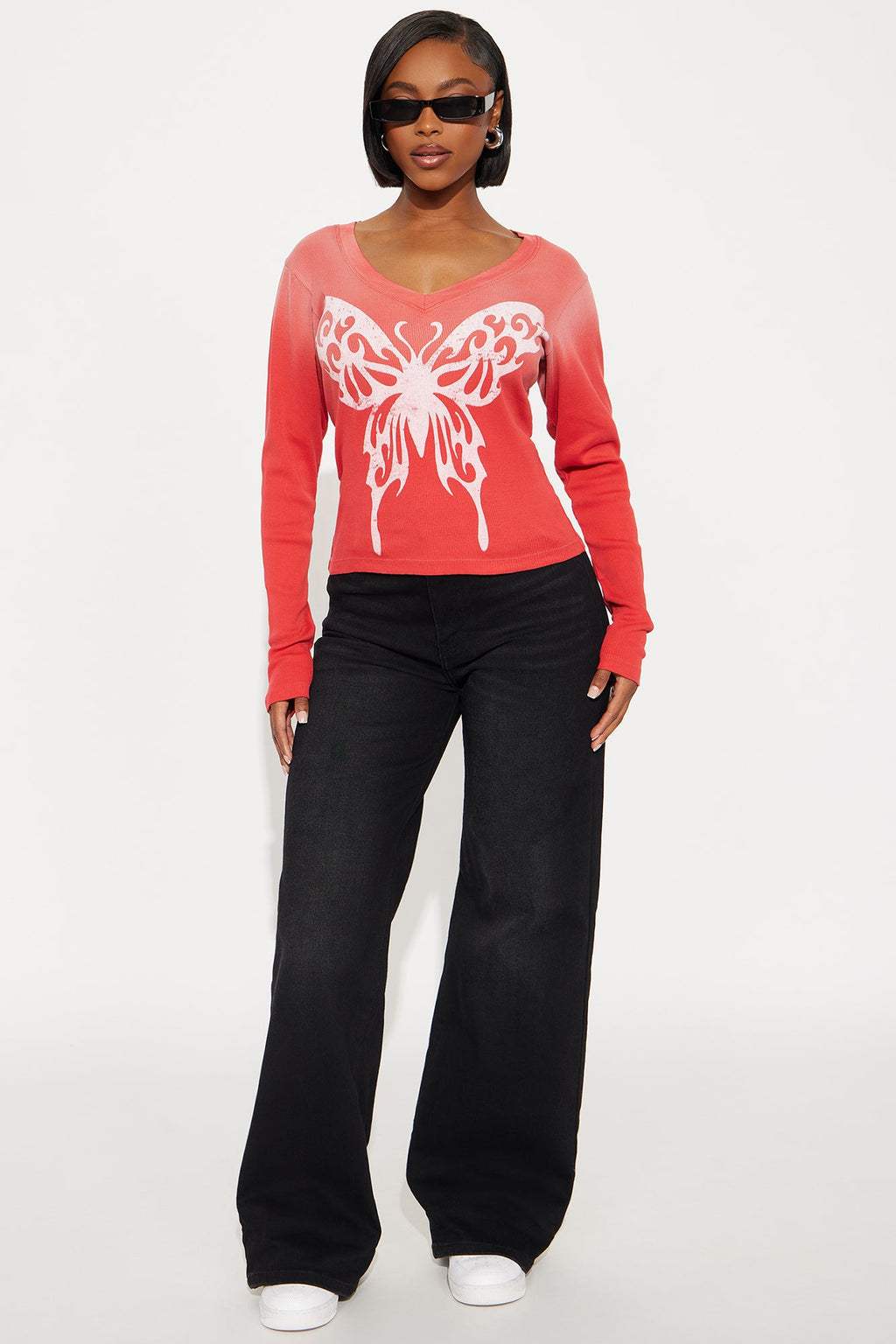 Butterfly Effect Ribbed Long Sleeve Top - Red