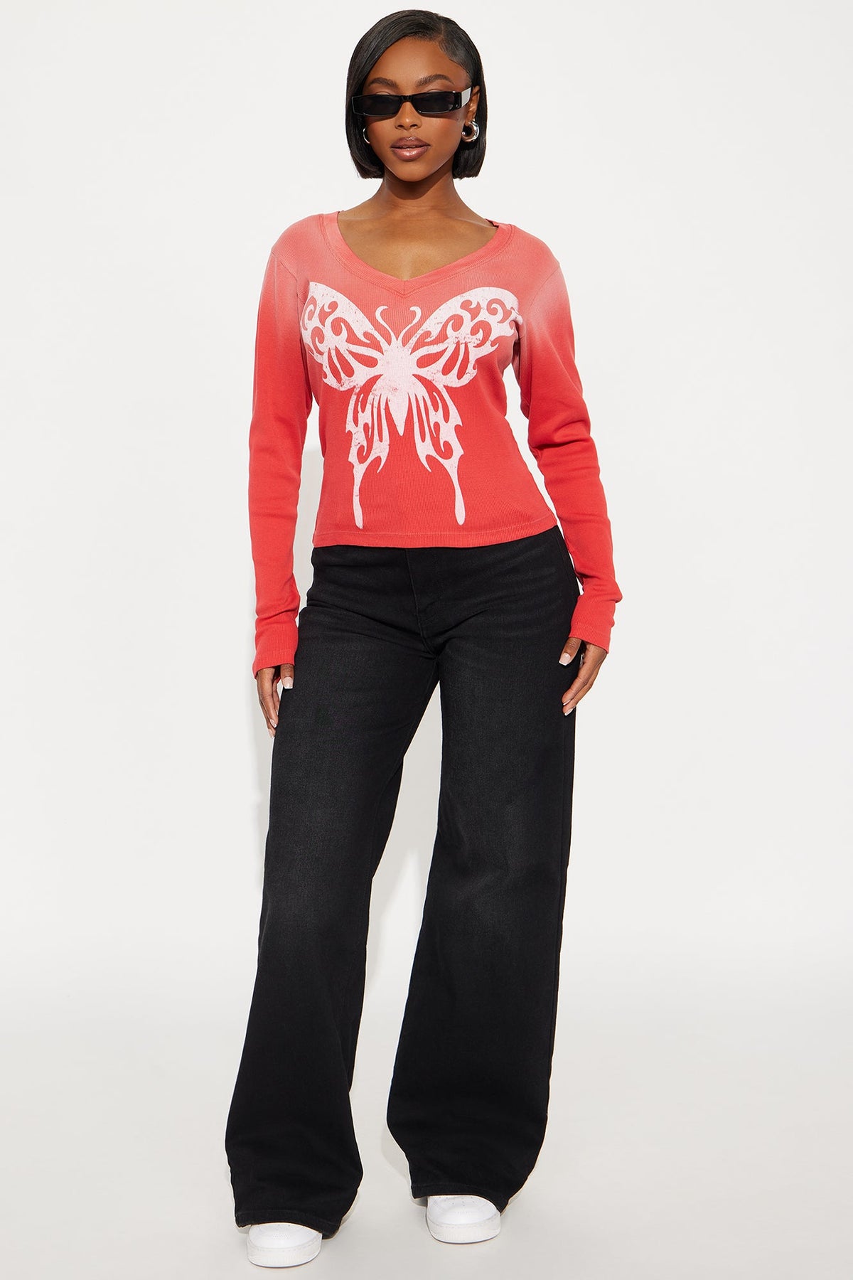 Butterfly Effect Ribbed Long Sleeve Top - Red