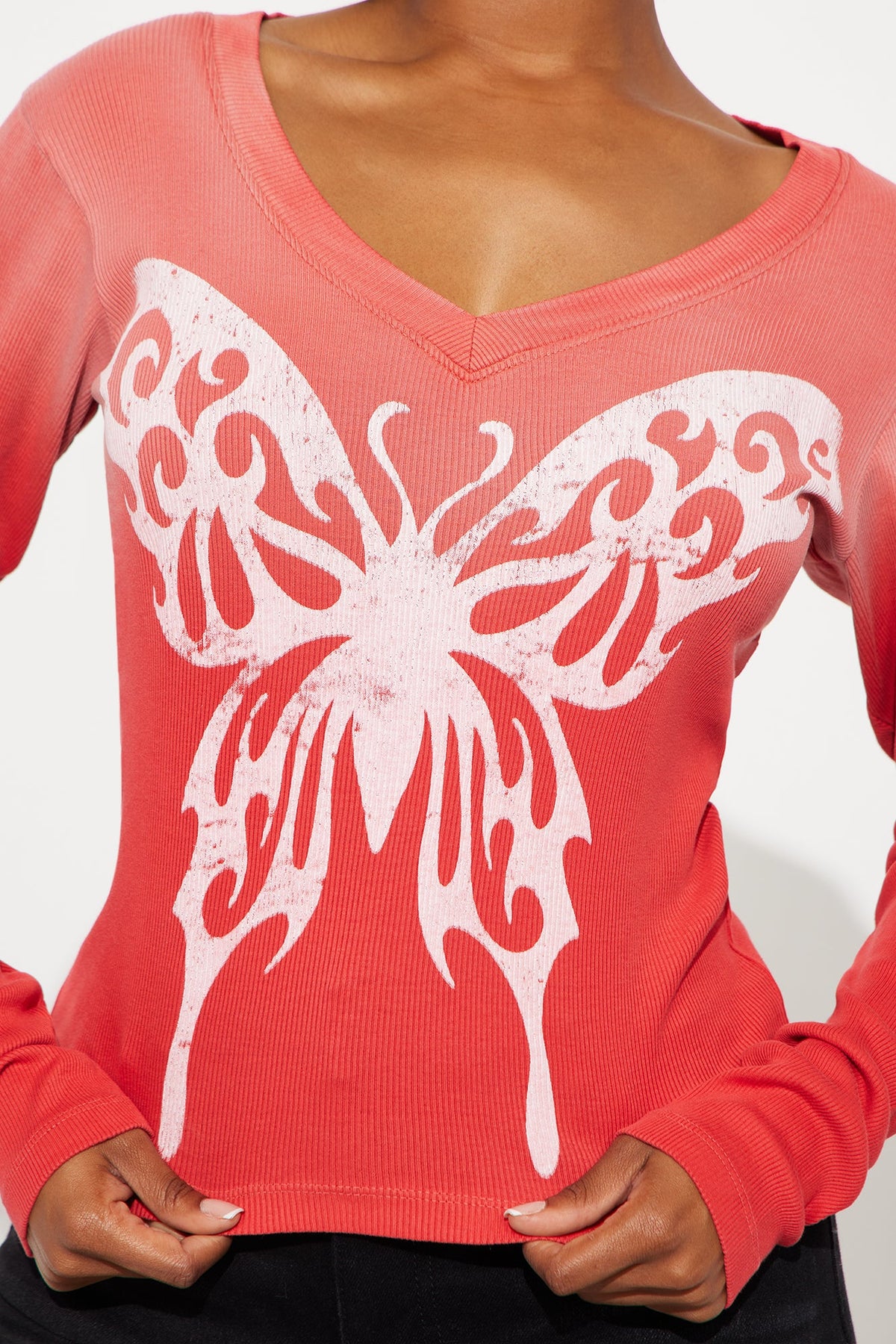 Butterfly Effect Ribbed Long Sleeve Top - Red
