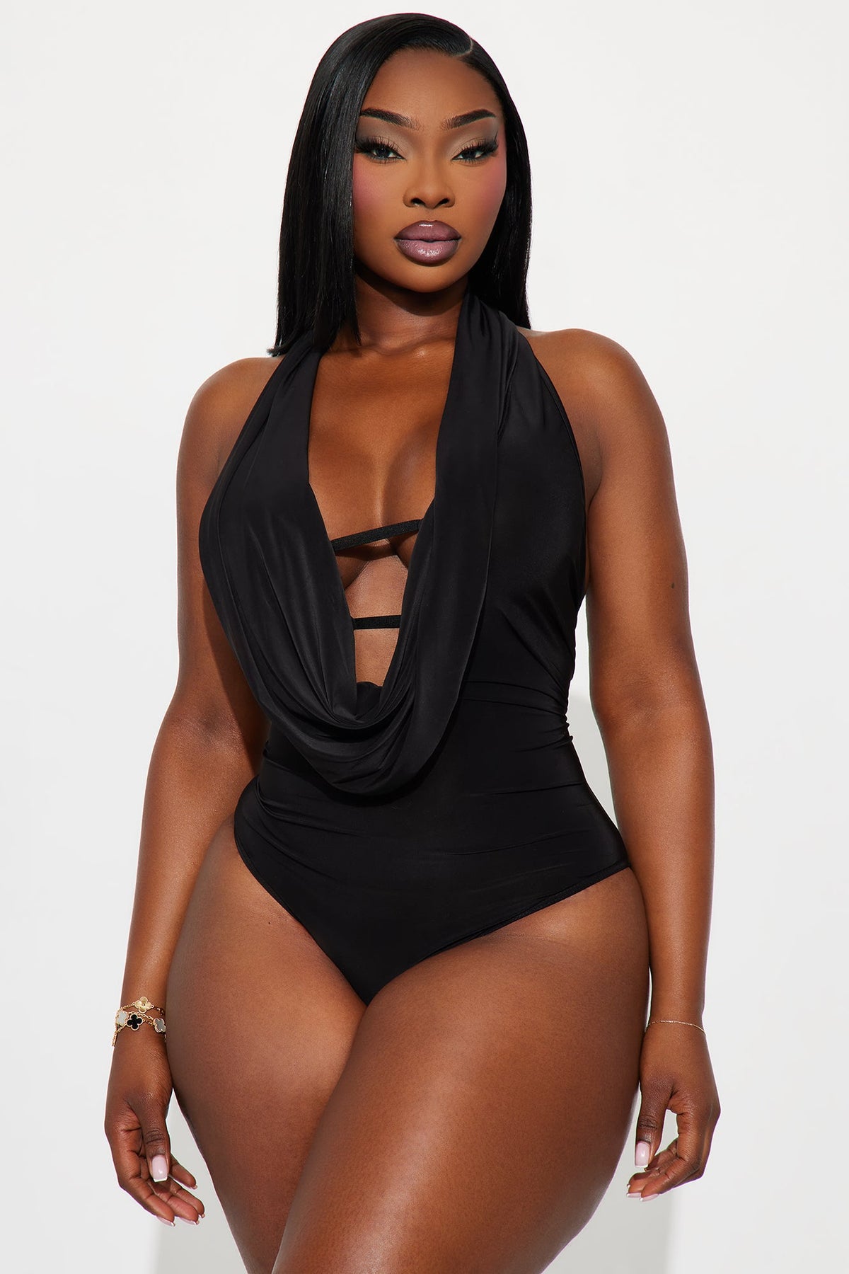 Forever Hot Cowl Neck Halter Bodysuit - Black