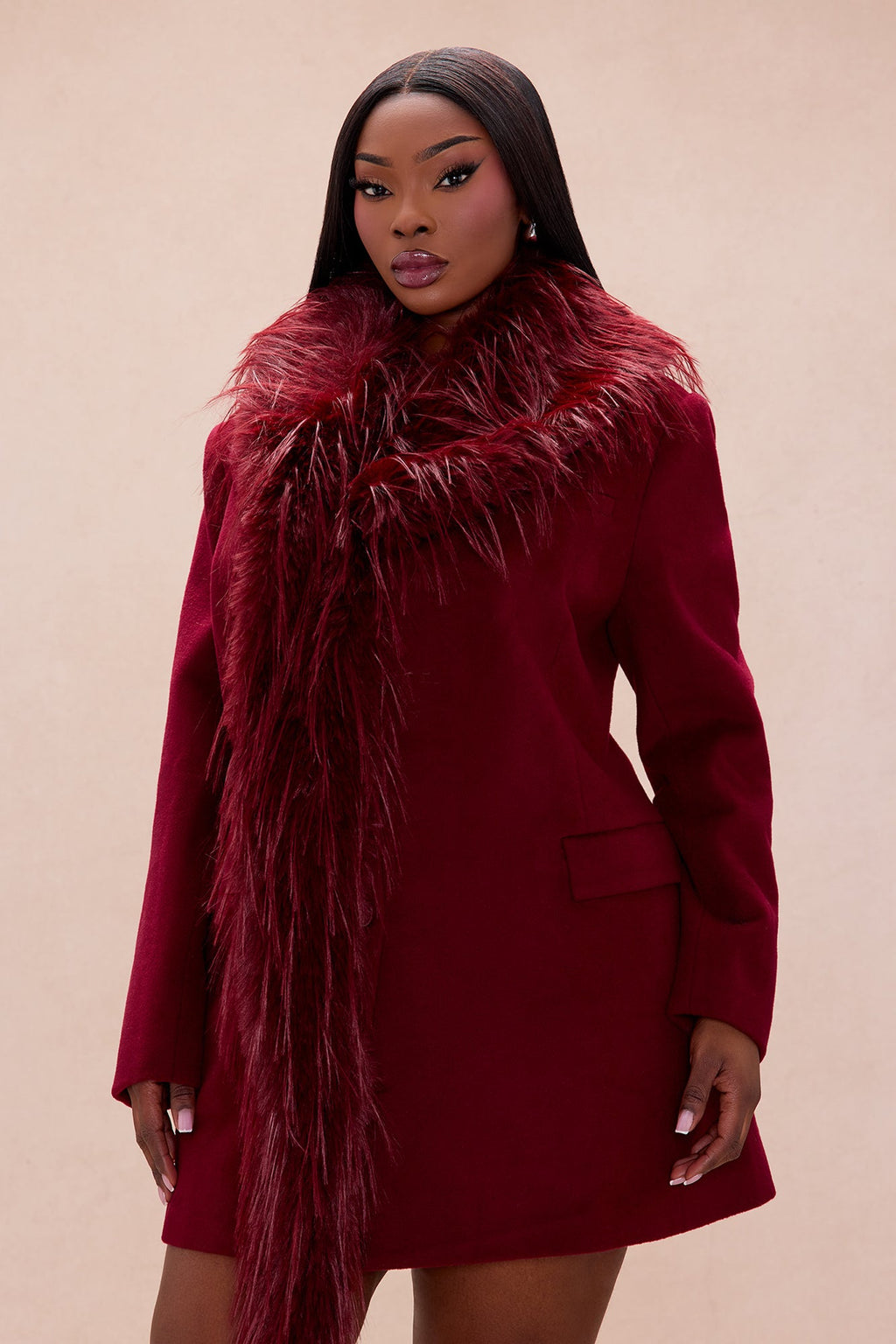 Amira Faux Fur Trim Jacket - Wine