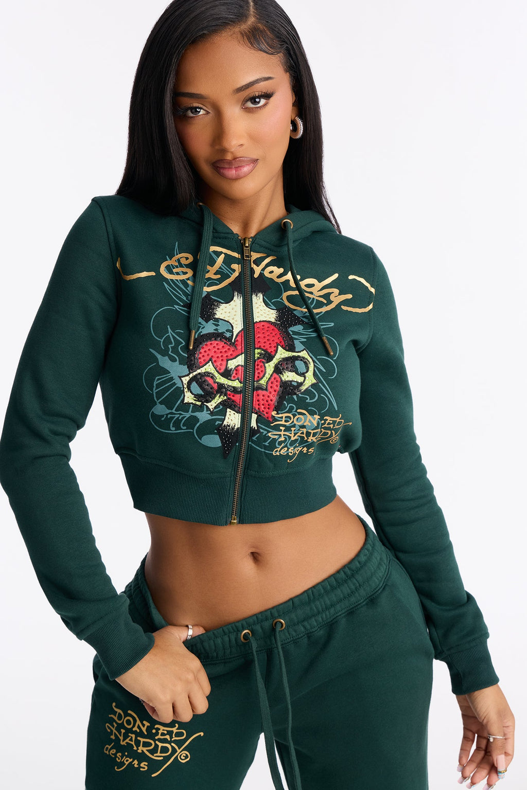 Ed Hardy Rhinestone Heart Fleece Zip Up Hoodie - Hunter Green