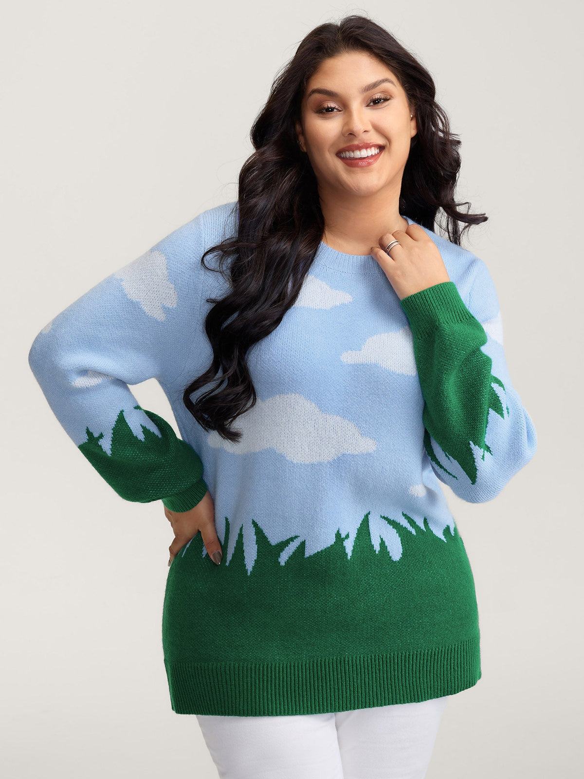 Cloudy Grass Print Jacquard Balloon Sleeve Pullover