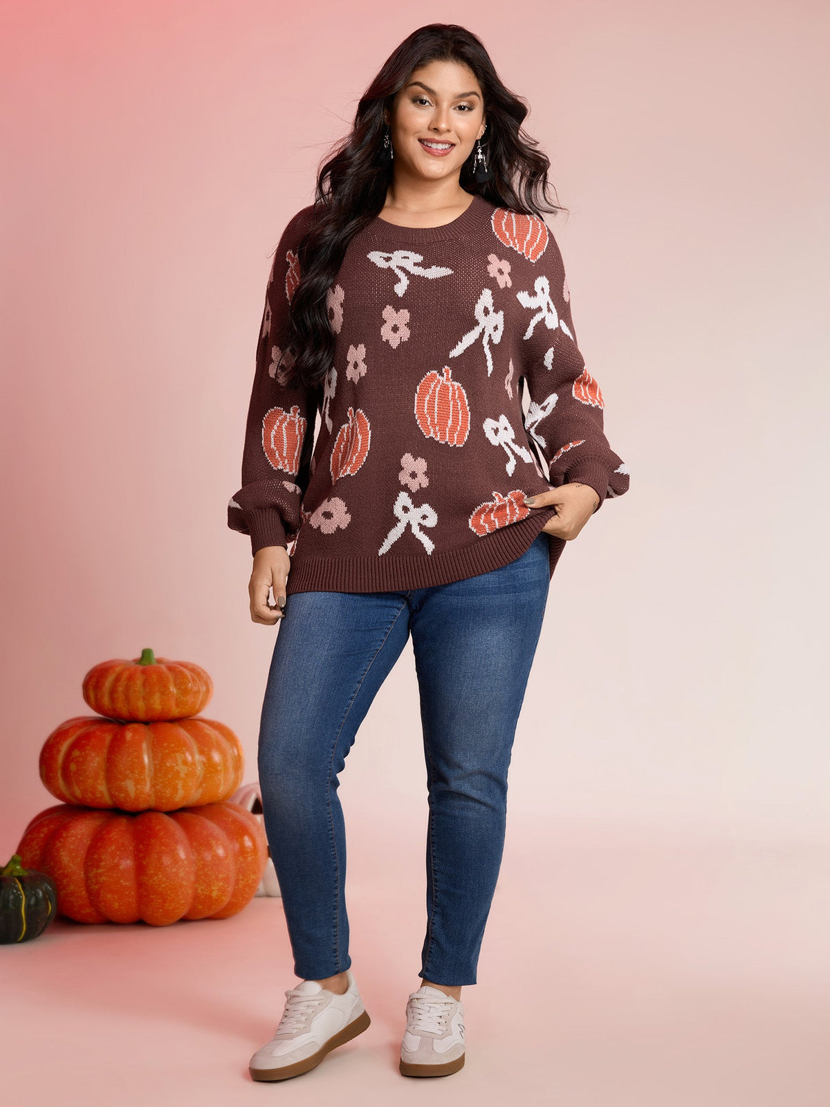 Pumpkin Print Ribbed Hem Pullover
