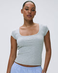 Rib Short Sleeve Scoop Neck Top - Light Grey Melange