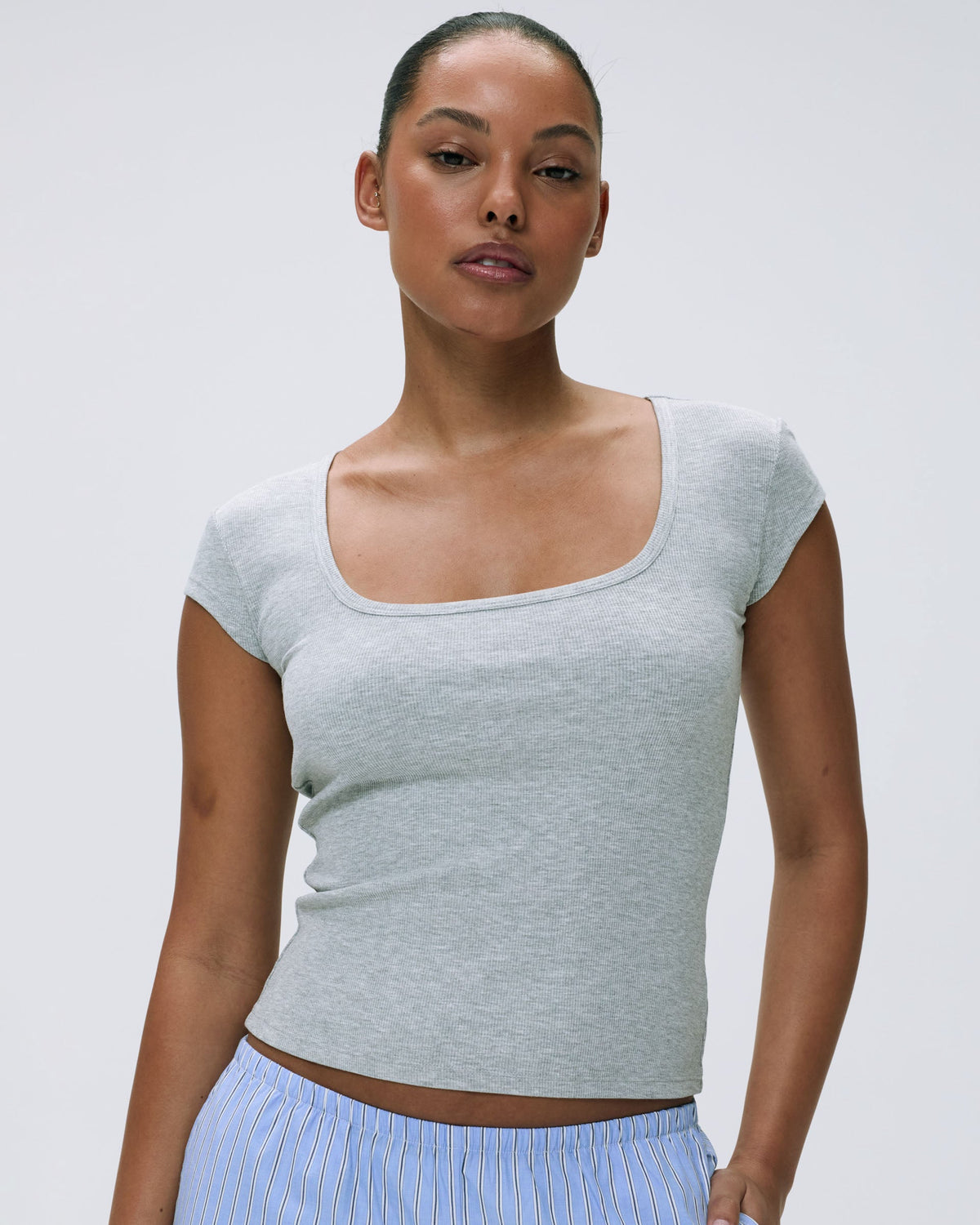 Rib Short Sleeve Scoop Neck Top - Light Grey Melange