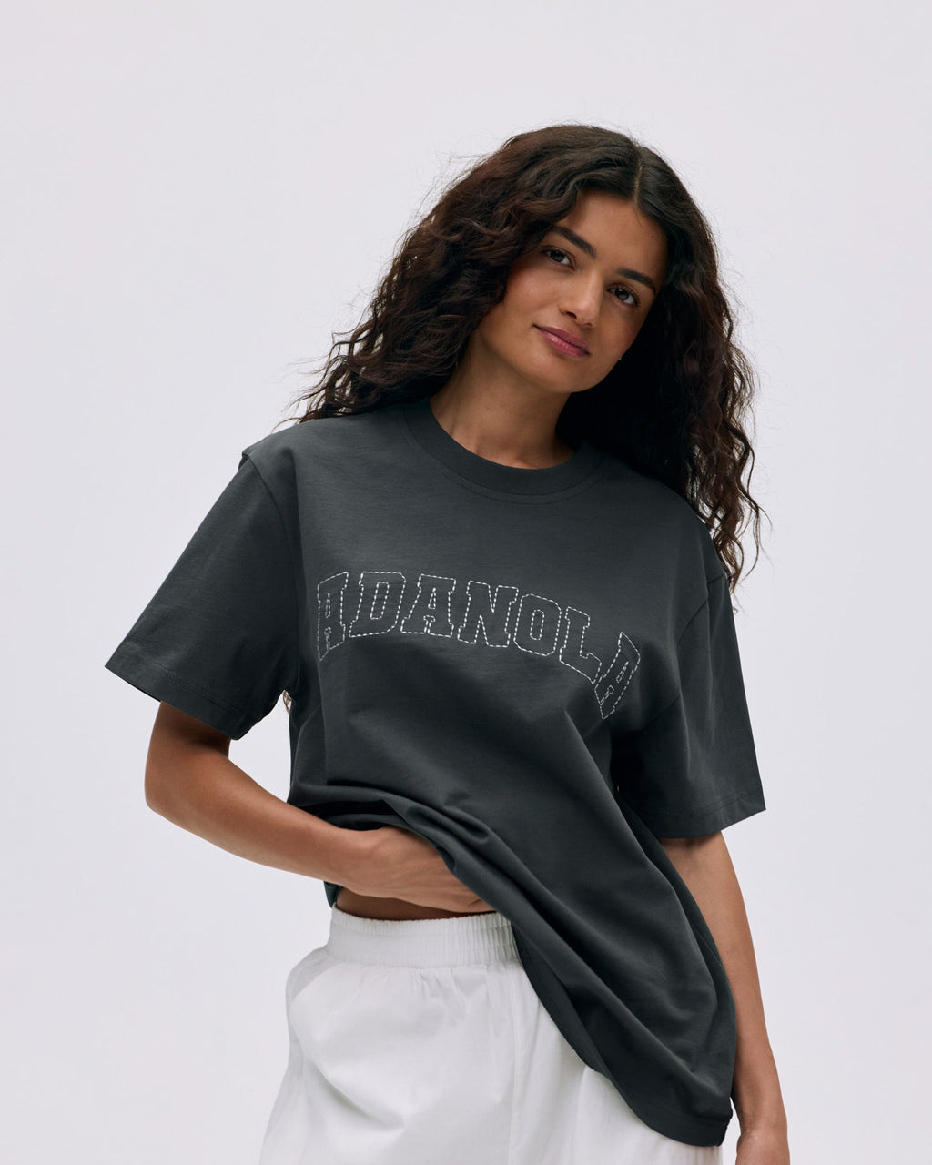 Varsity Stitch Short Sleeve Oversized T-shirt - Graphite Grey/Marshmallow White