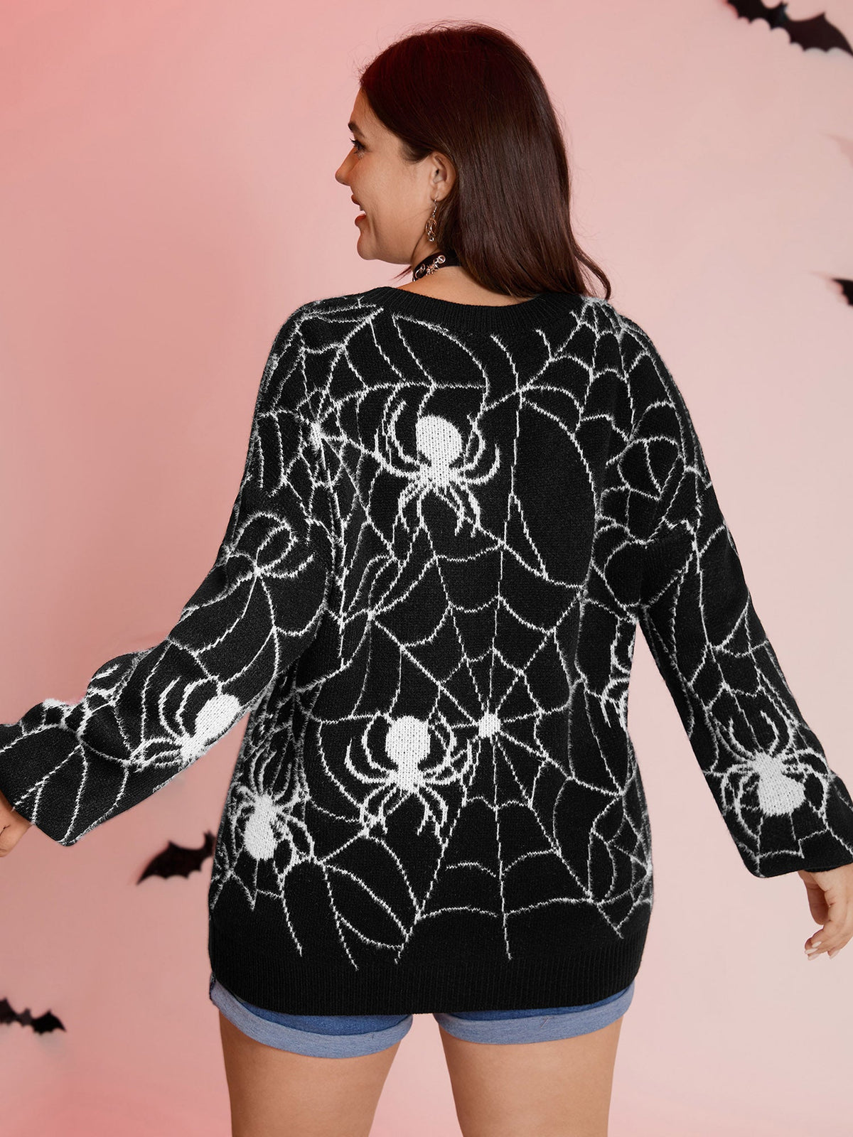 Spiderweb Jacquard Print Ribbed Pullover