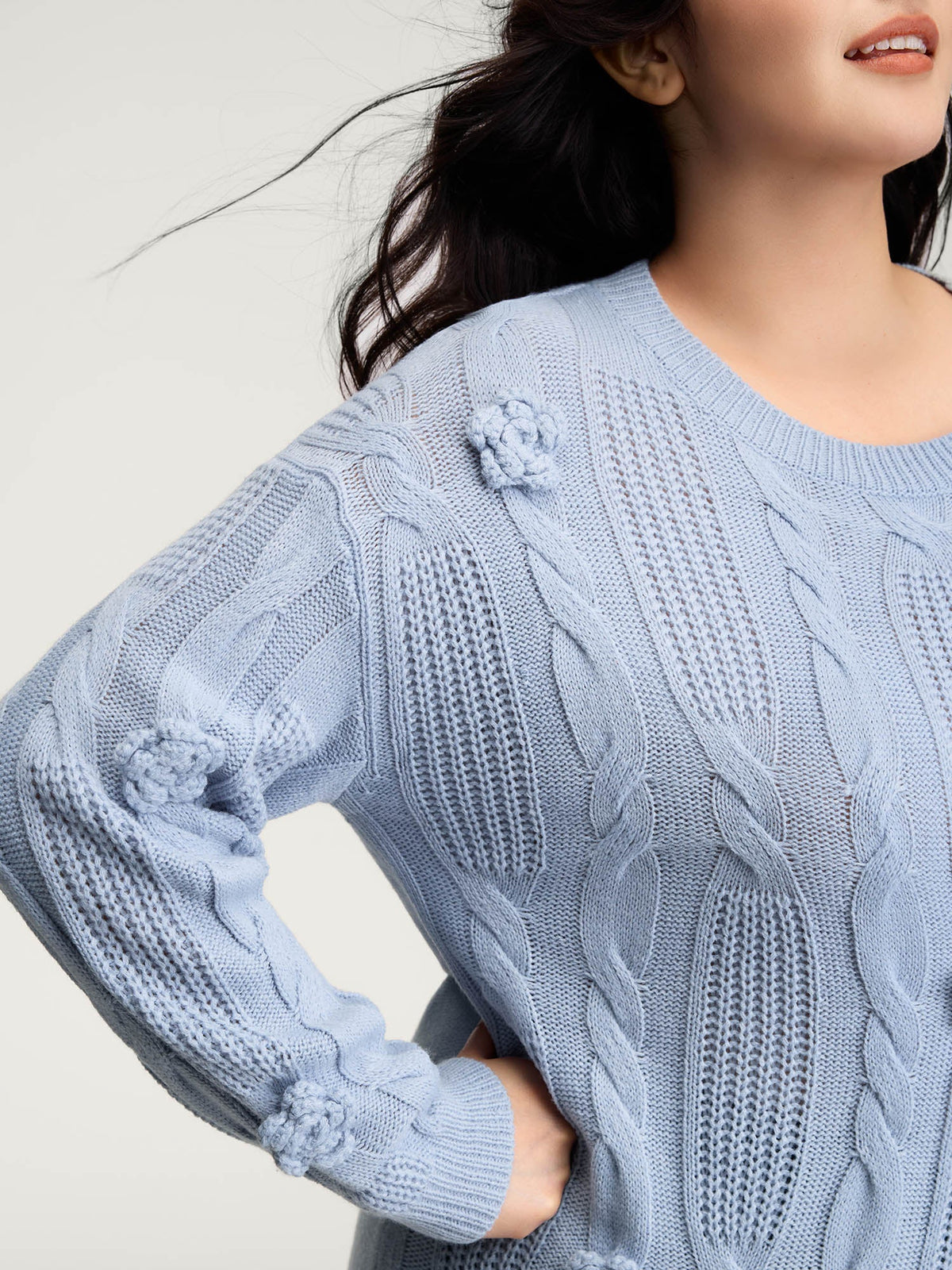 Twisted Texture Hand-Hooked Flowers Pullover