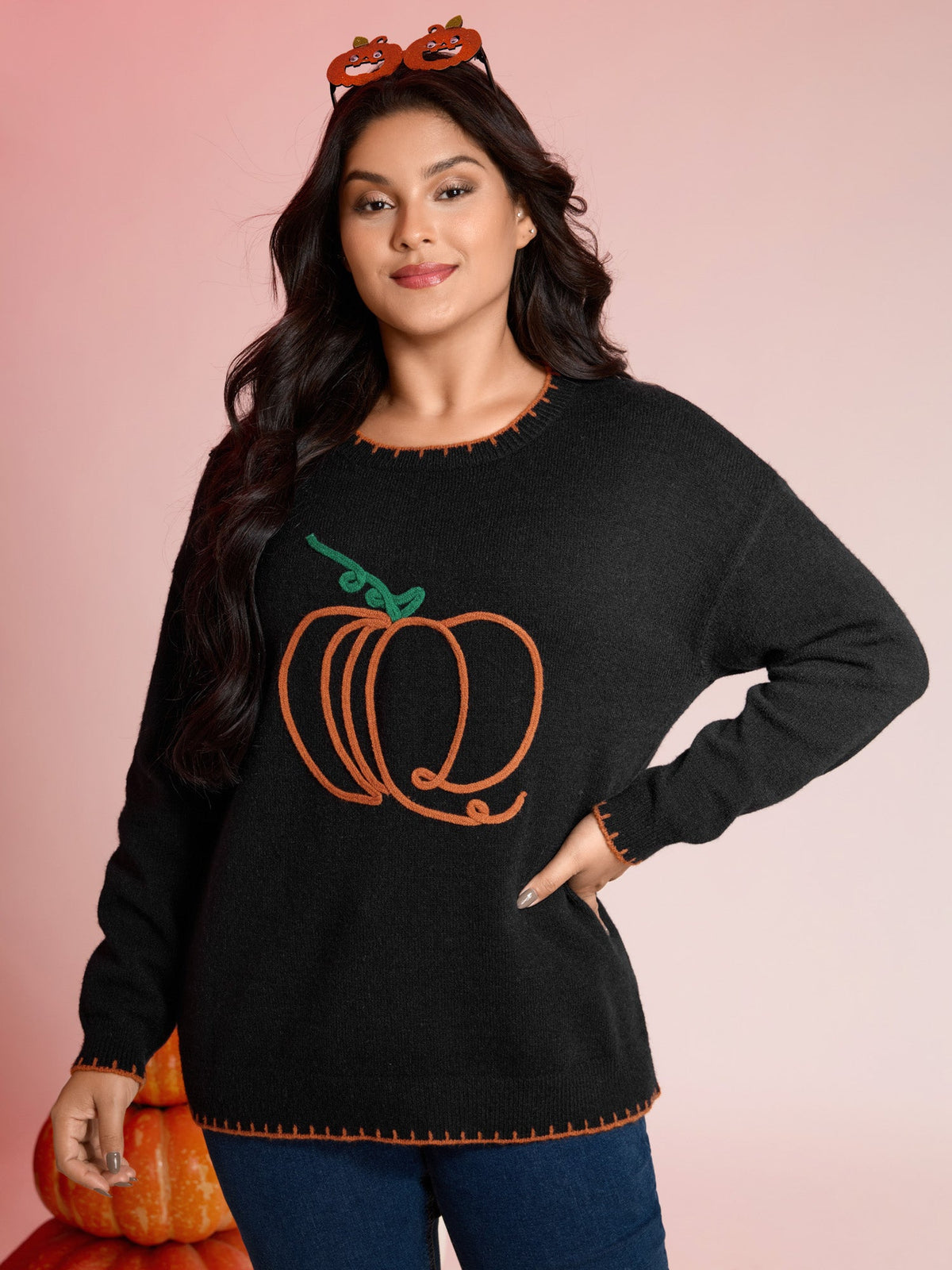 Pumpkin Rope Embroidery Contrast Pullover