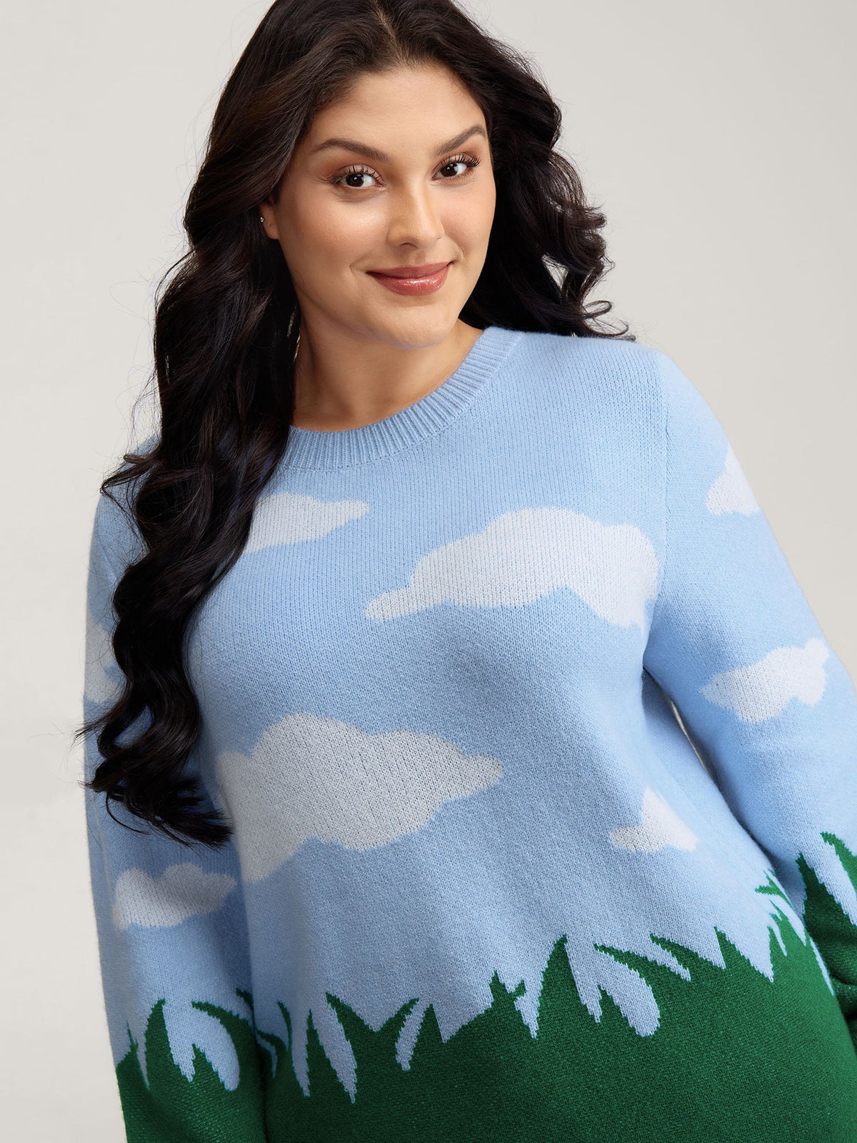 Cloudy Grass Print Jacquard Balloon Sleeve Pullover