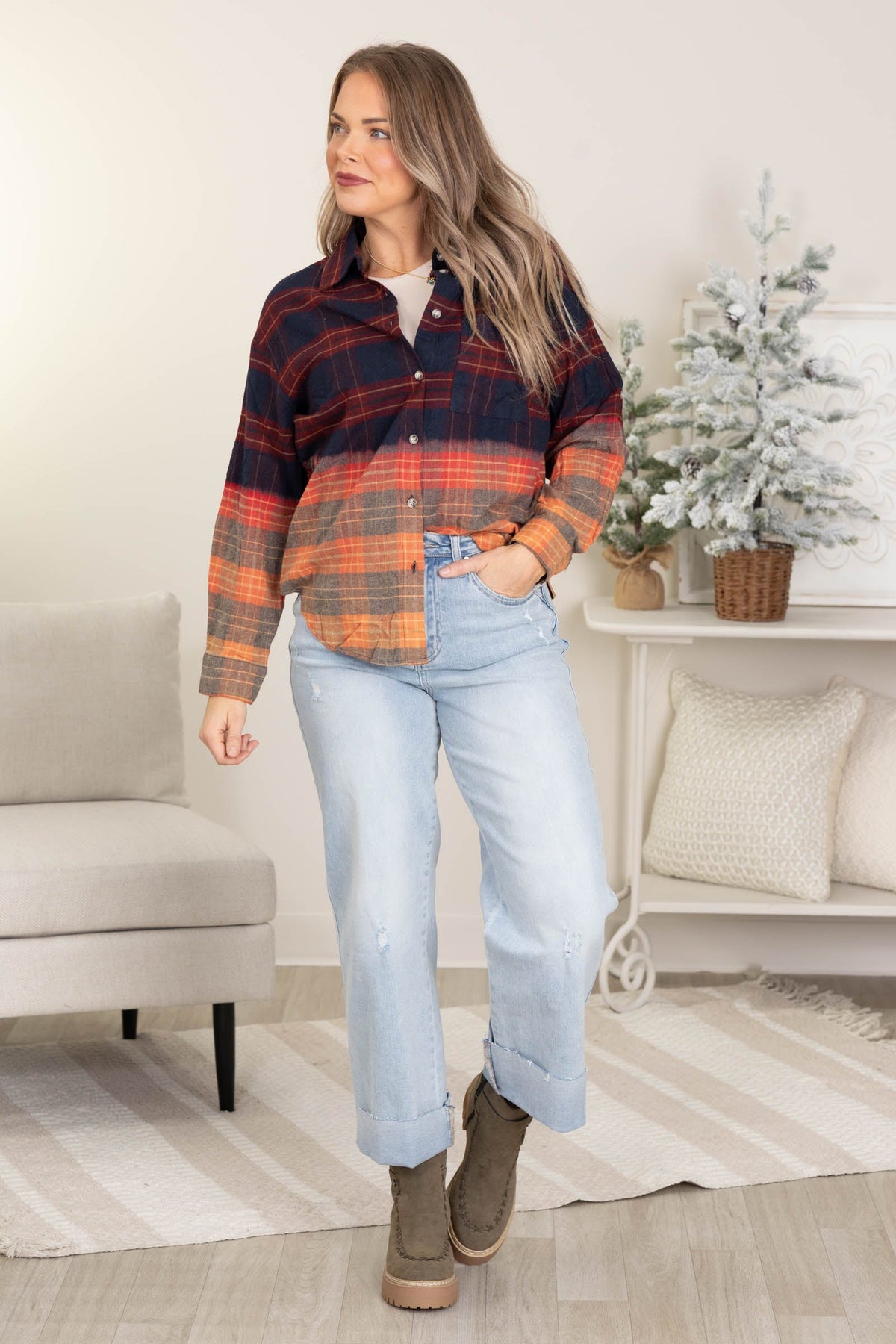 Navy Multicolor Colorblock Plaid Button Up Top