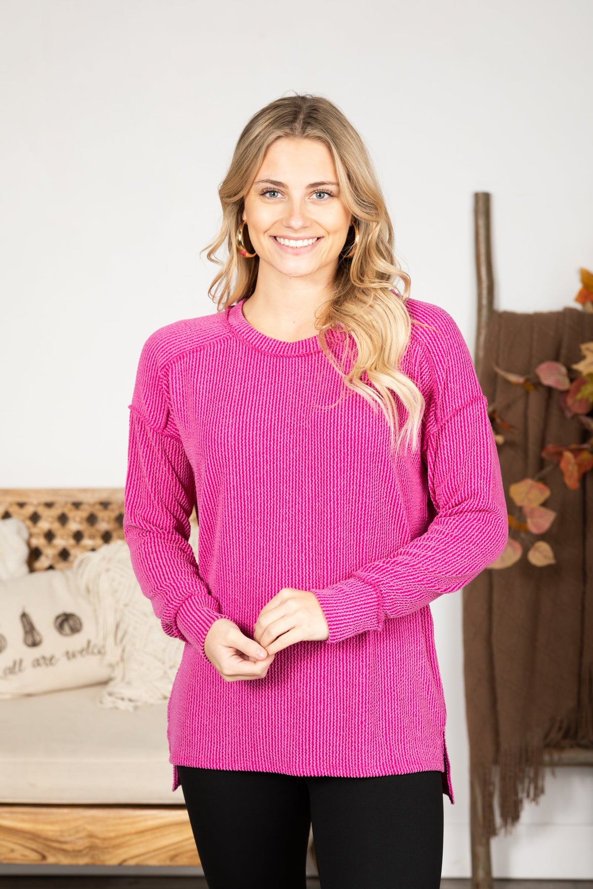 Ribbed Drop Shoulder Long Sleeve Knit Top