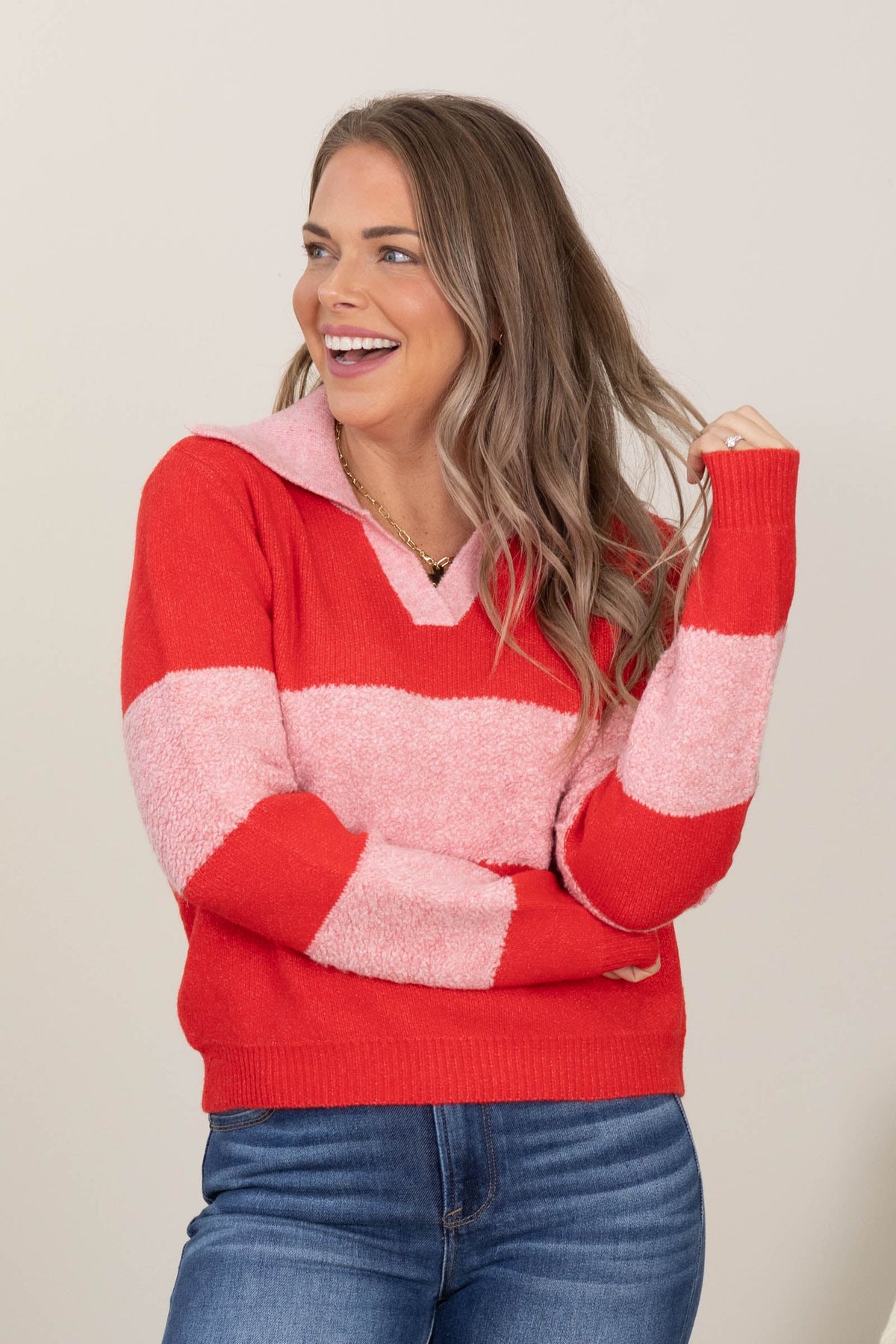 Wool Blend Collared V-Neck Stripe Sweaters