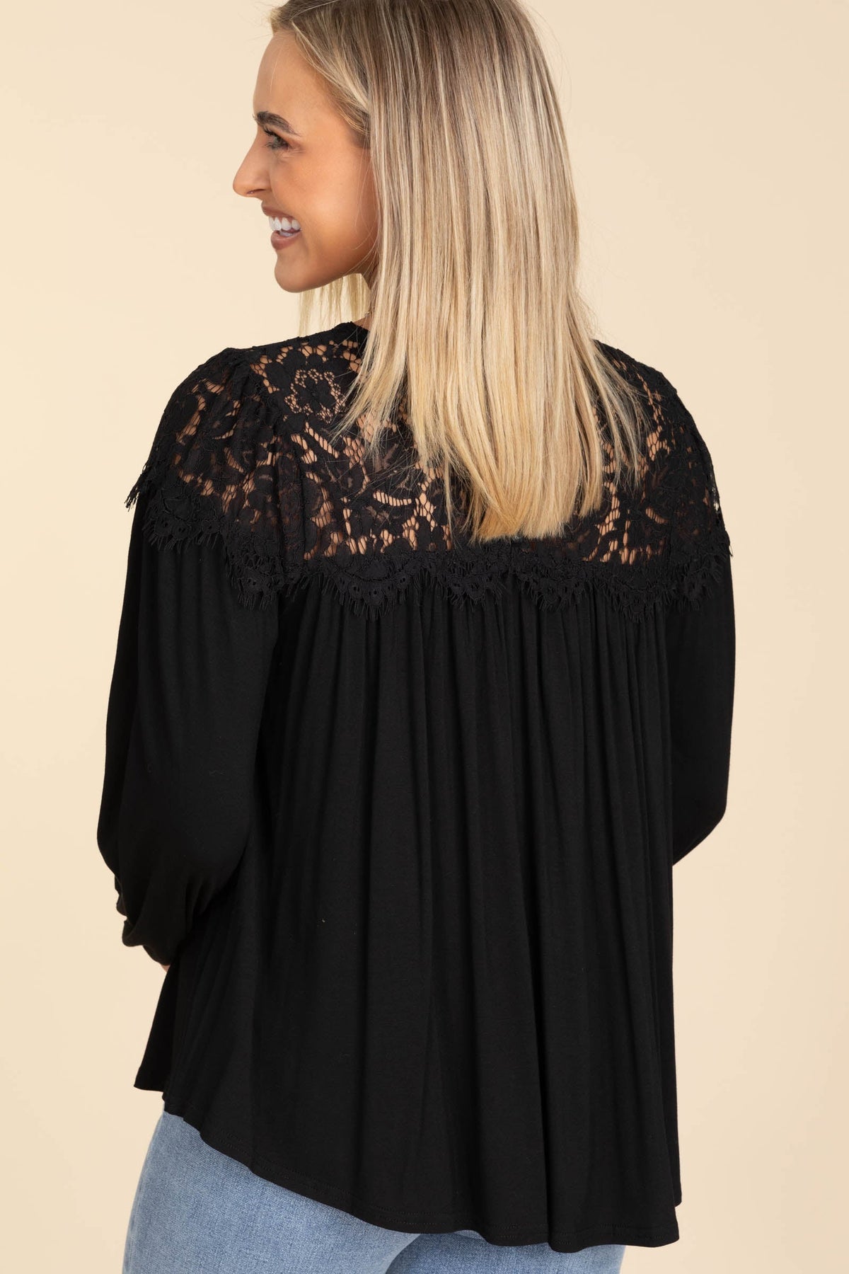 Black Long Sleeve Knit Top With Lace Neckline