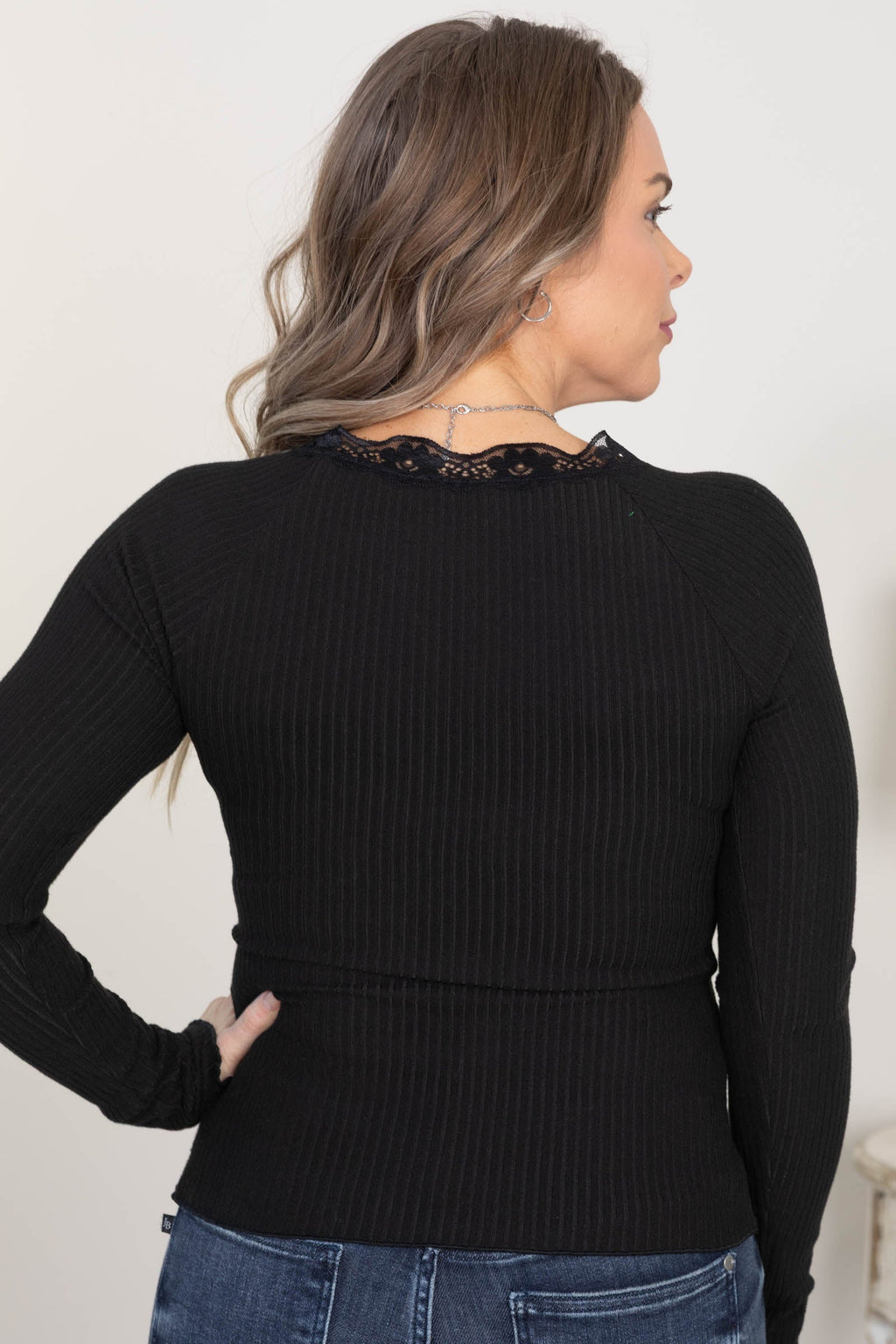 Lace Neckline With Lettuce Edge Ribbed Knit Top