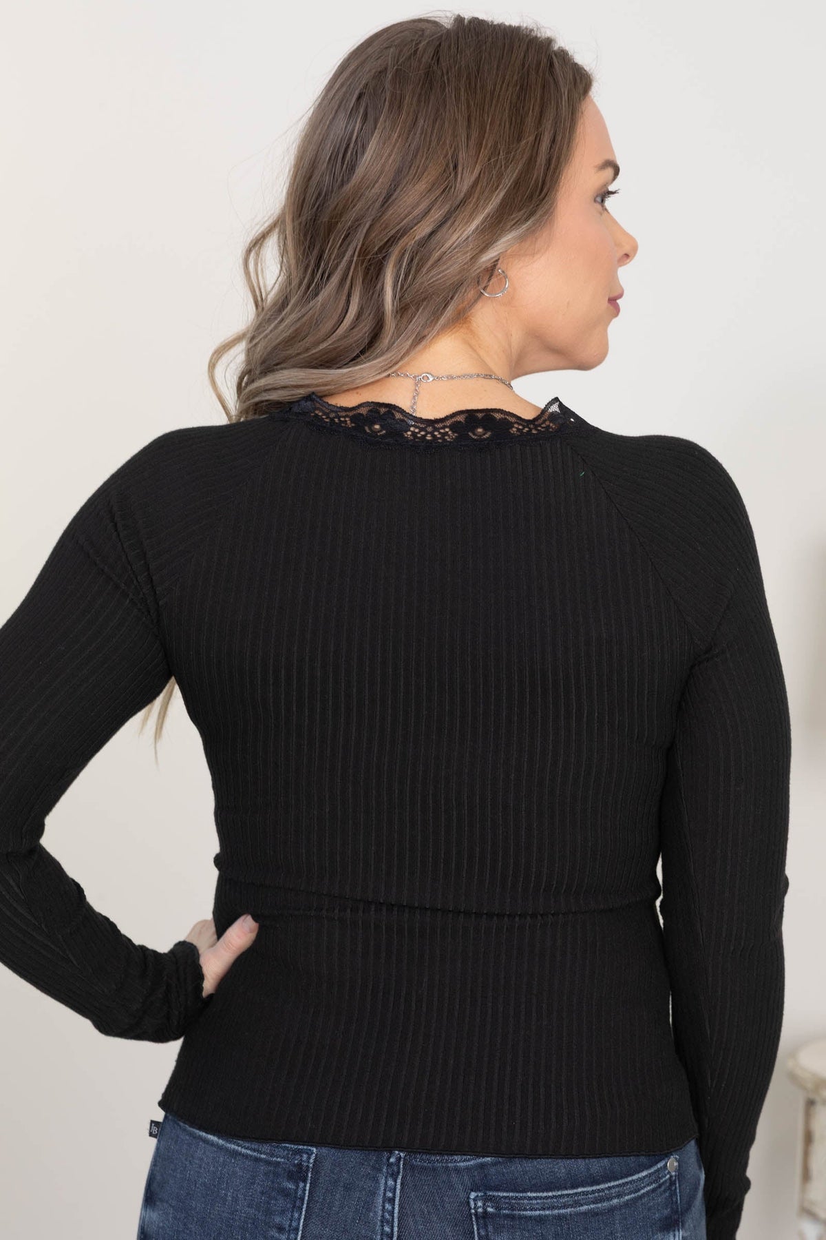 Lace Neckline With Lettuce Edge Ribbed Knit Top