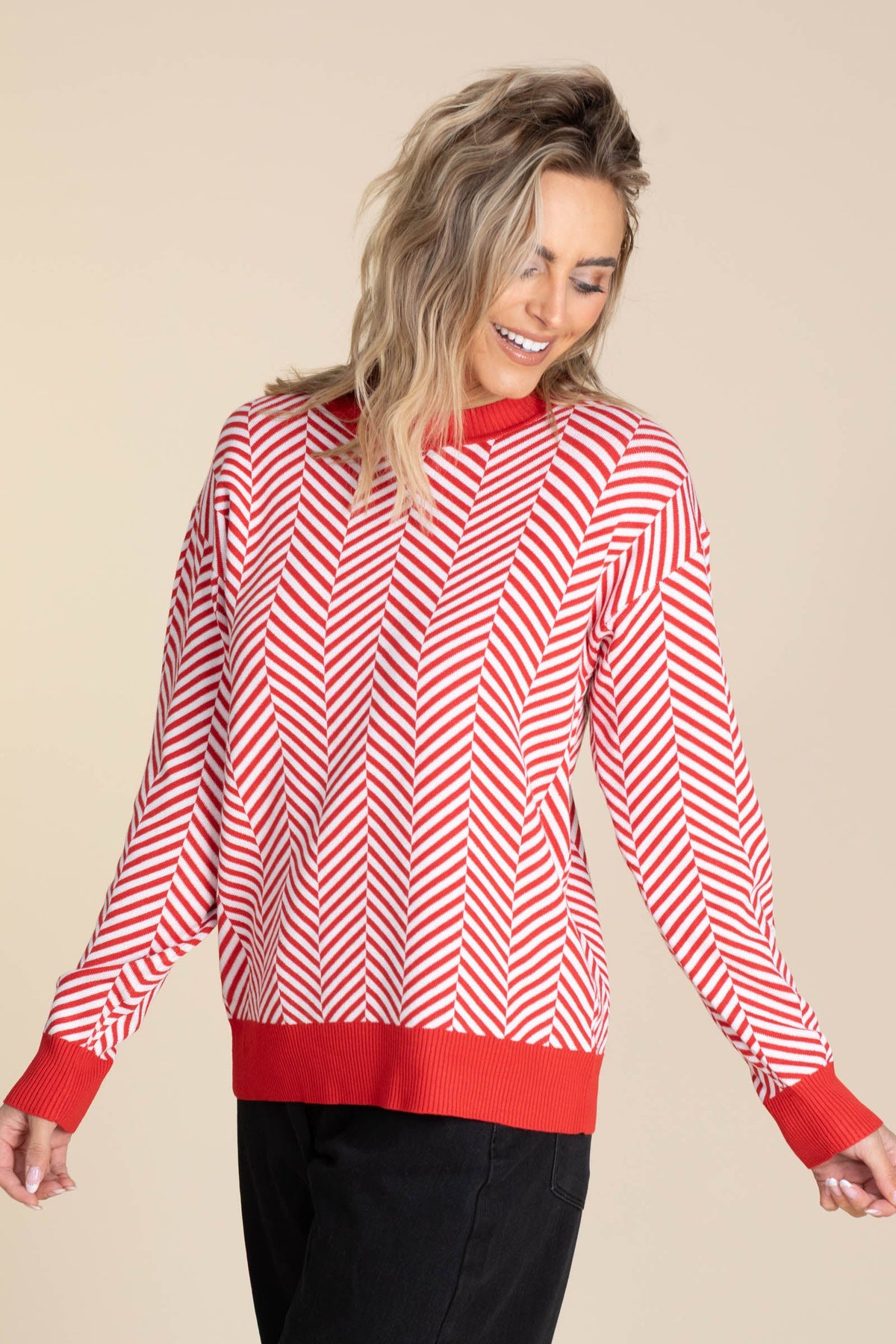 Red And White Stripe Contrast Sweater