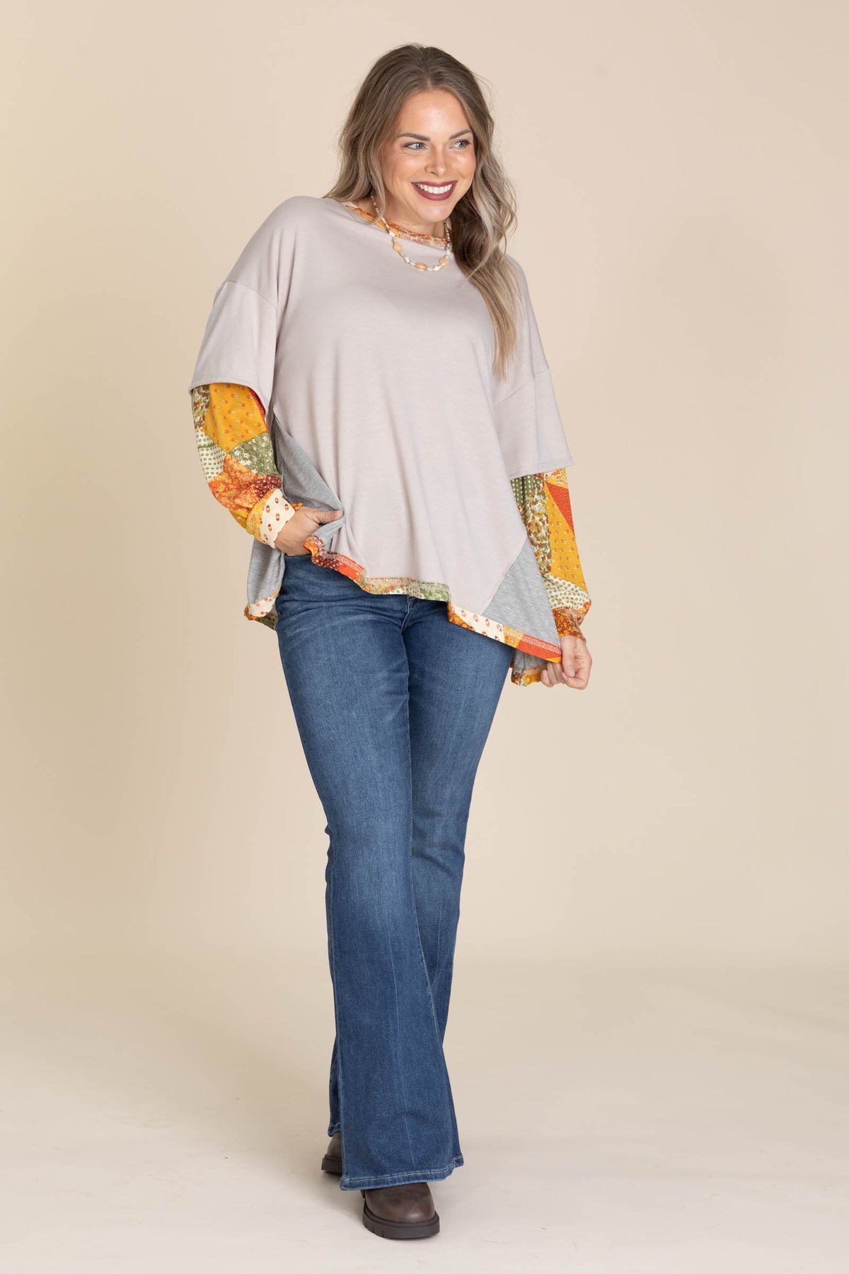 Patchwork Sleeve Faux Layered Top