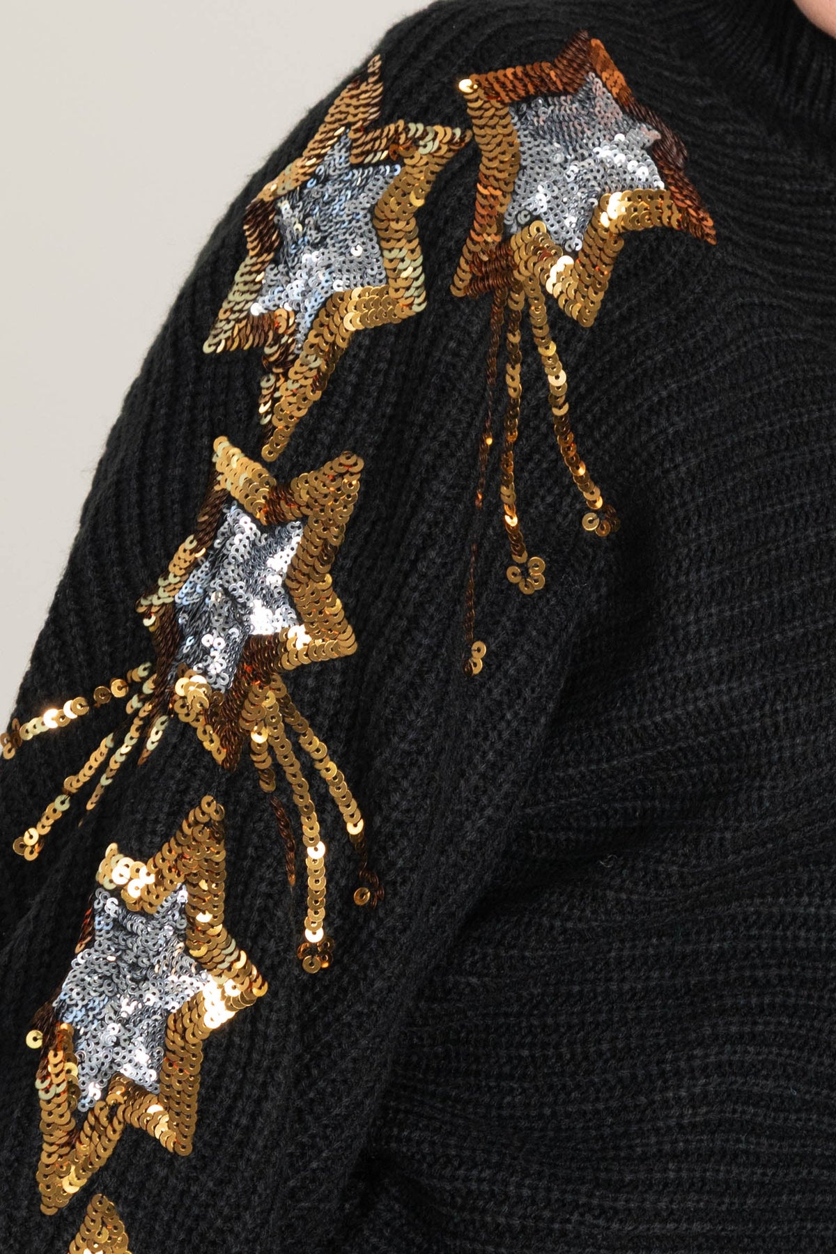 Sequins Embroidered Stars Mock Neck Sweater
