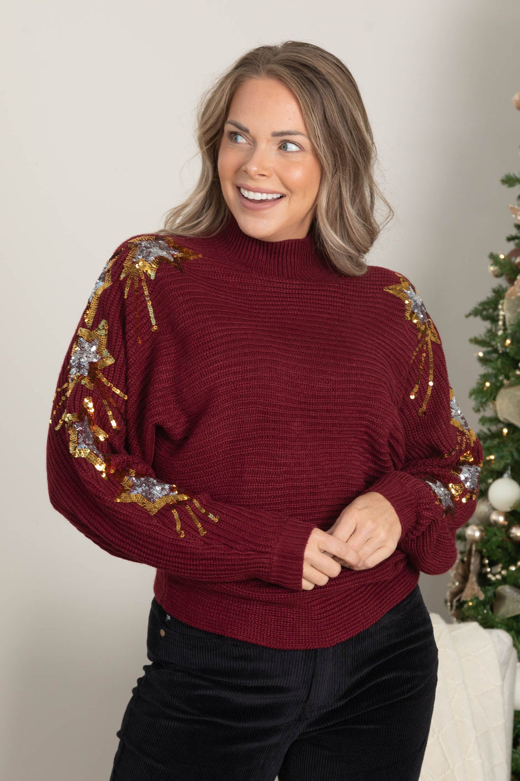 Sequins Embroidered Stars Mock Neck Sweater
