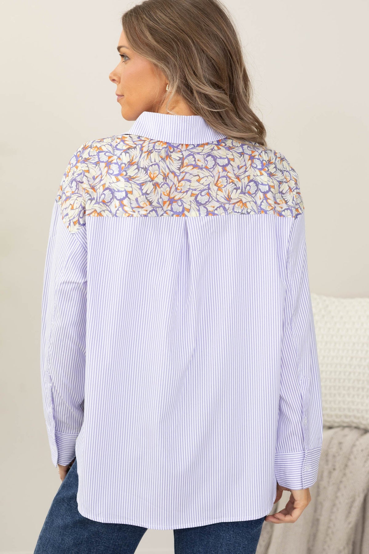 Lavender Stripe And Floral Button Up Shirt