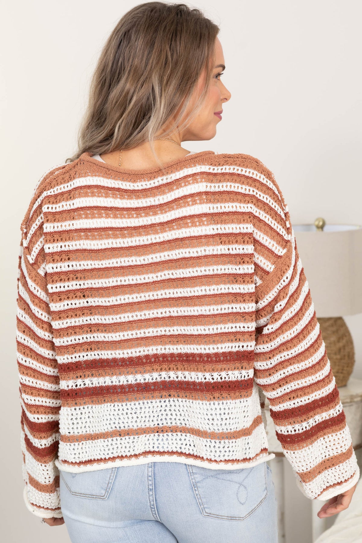 Sienna Striped Crochet Knit Long Sleeve Sweater