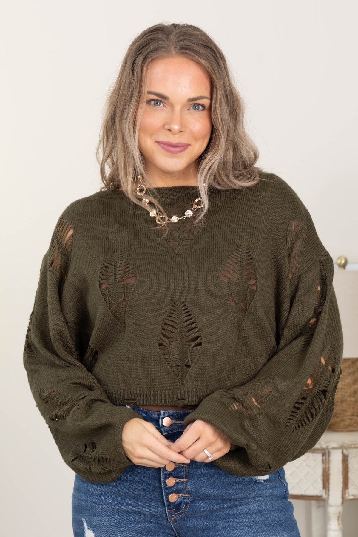 Olive Distressed Crop Long Sleeve Sweater