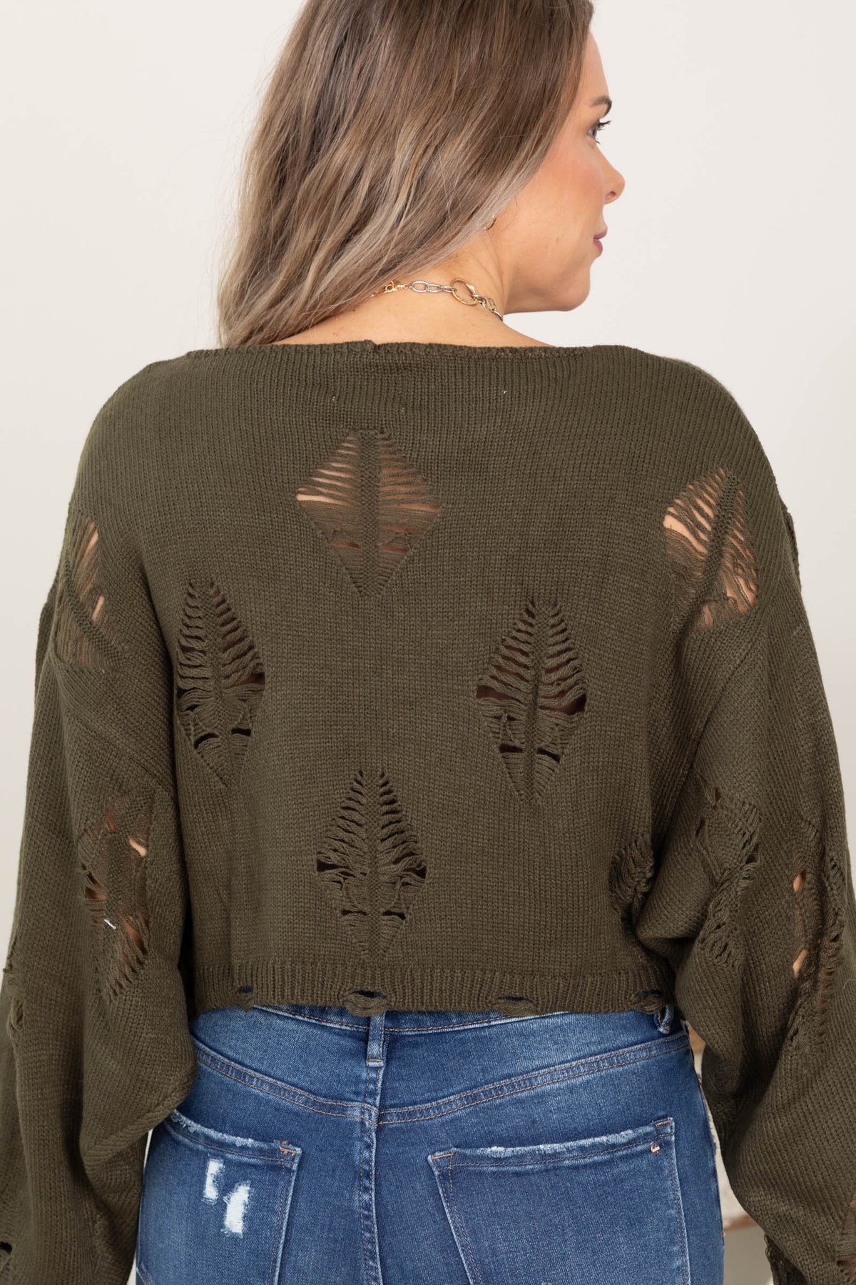 Olive Distressed Crop Long Sleeve Sweater