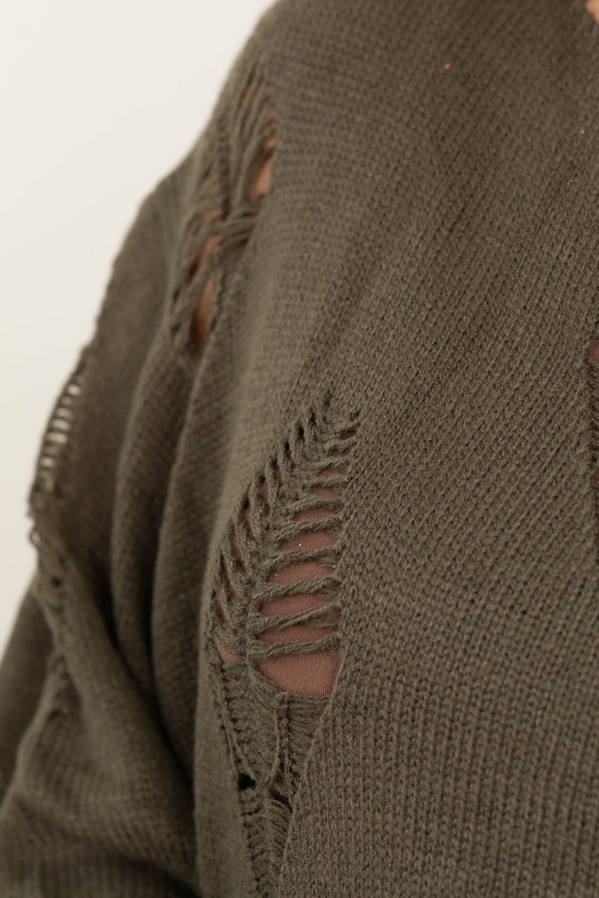 Olive Distressed Crop Long Sleeve Sweater