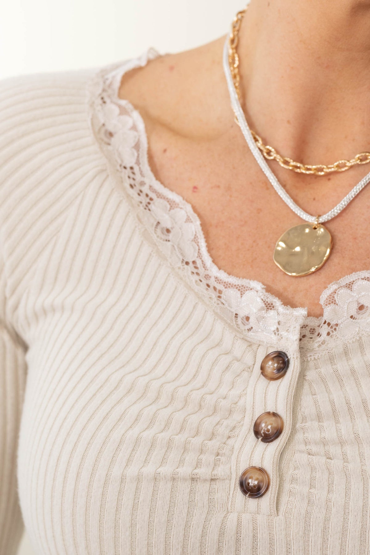 Lace Neckline With Lettuce Edge Ribbed Knit Top