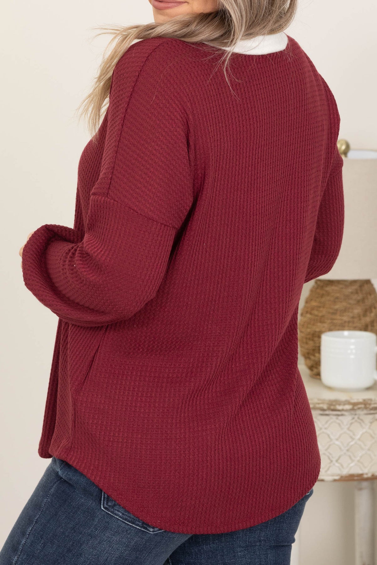 Burgundy Waffle Knit Long Sleeve Top
