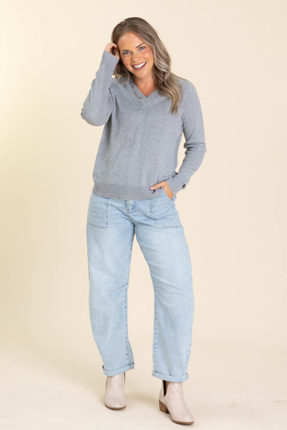 V-Neck Side Textured Knit Sweaters