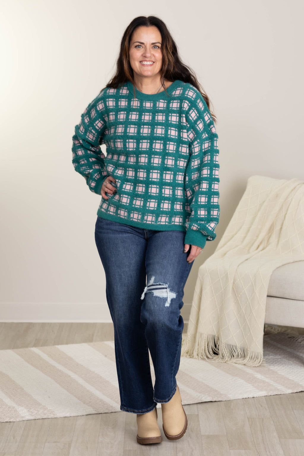 Teal and Baby Pink Checker Soft Yarn Sweater