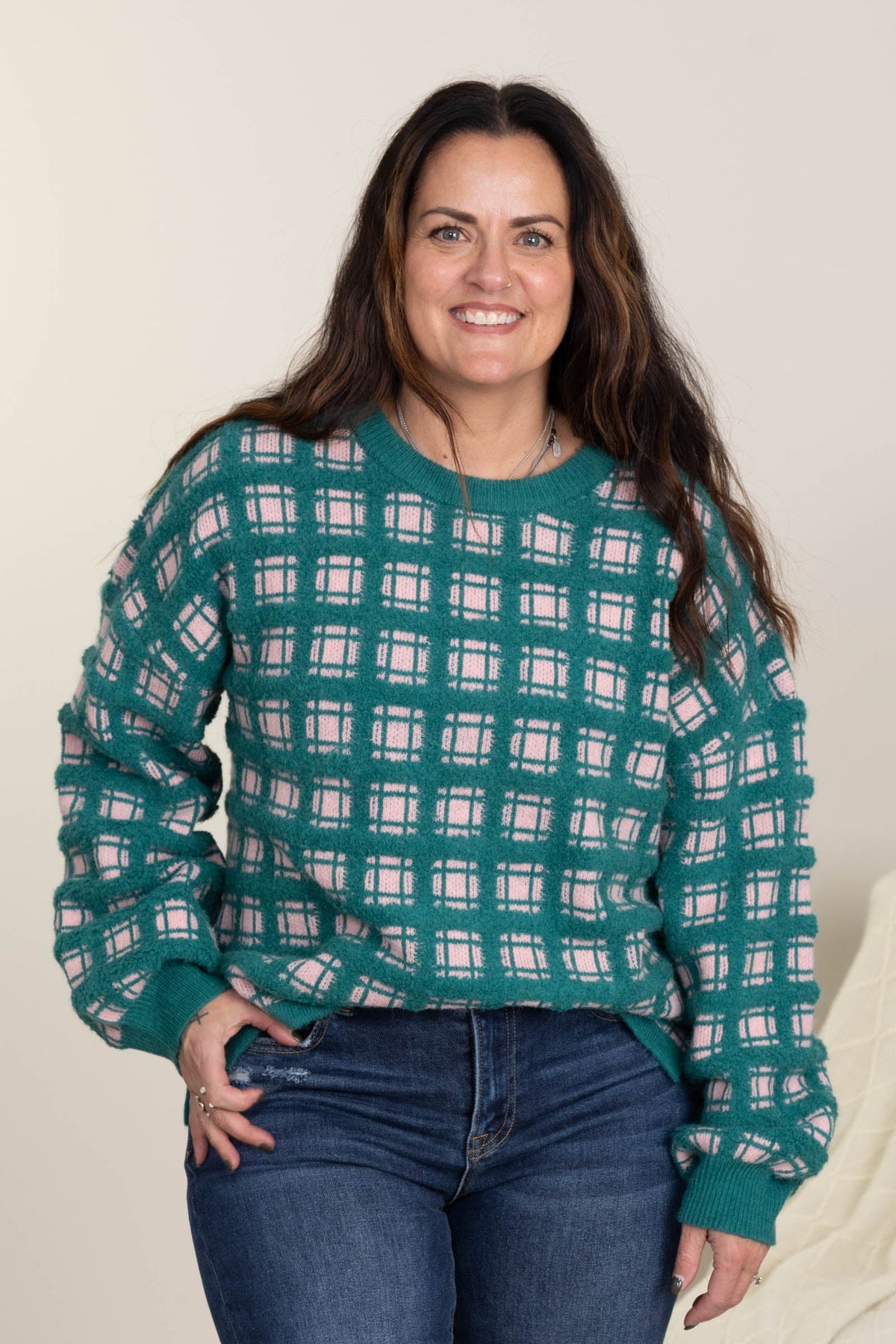 Teal and Baby Pink Checker Soft Yarn Sweater