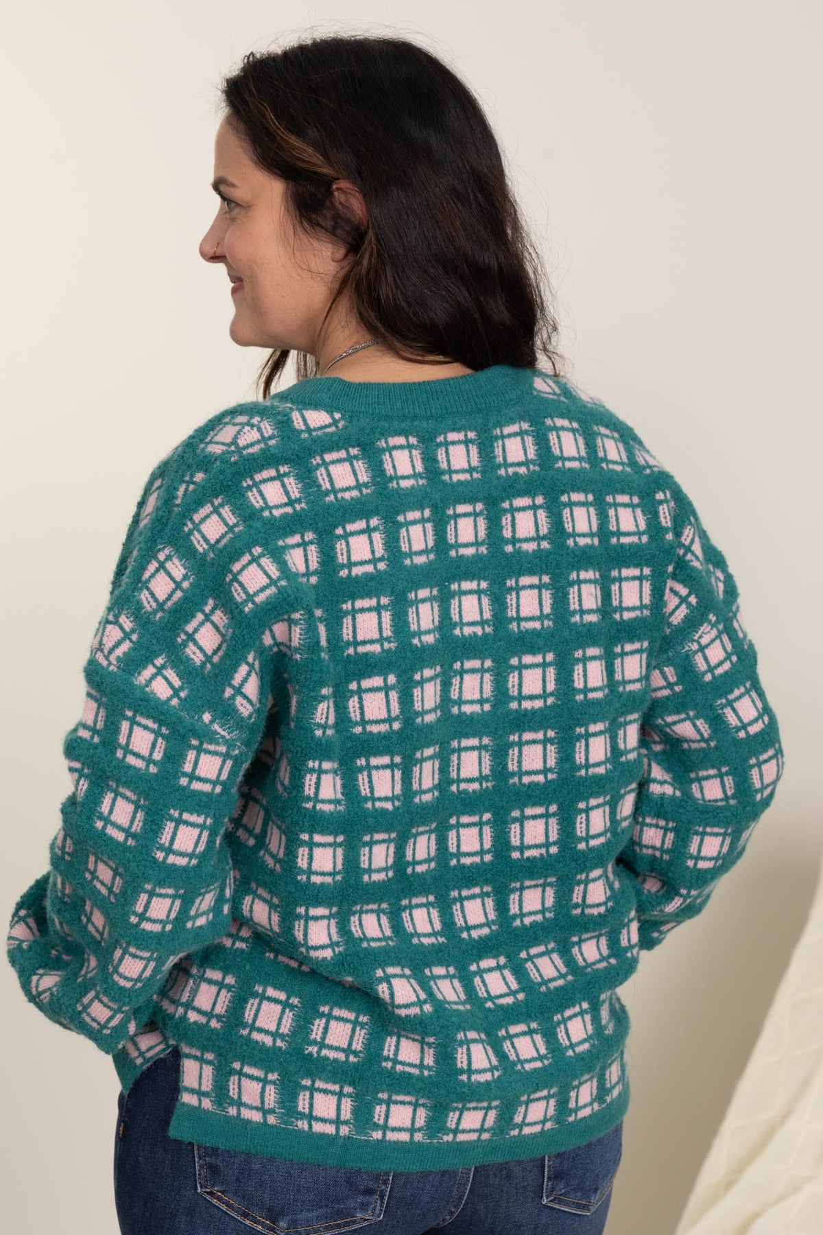 Teal and Baby Pink Checker Soft Yarn Sweater