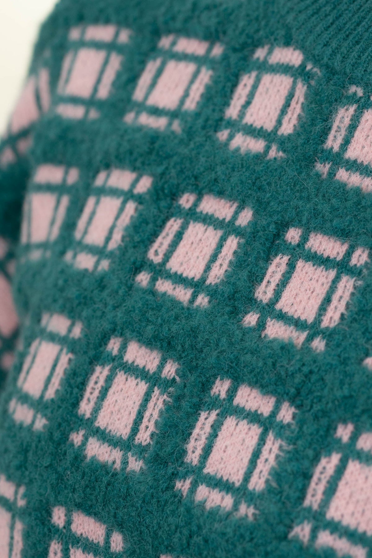 Teal and Baby Pink Checker Soft Yarn Sweater