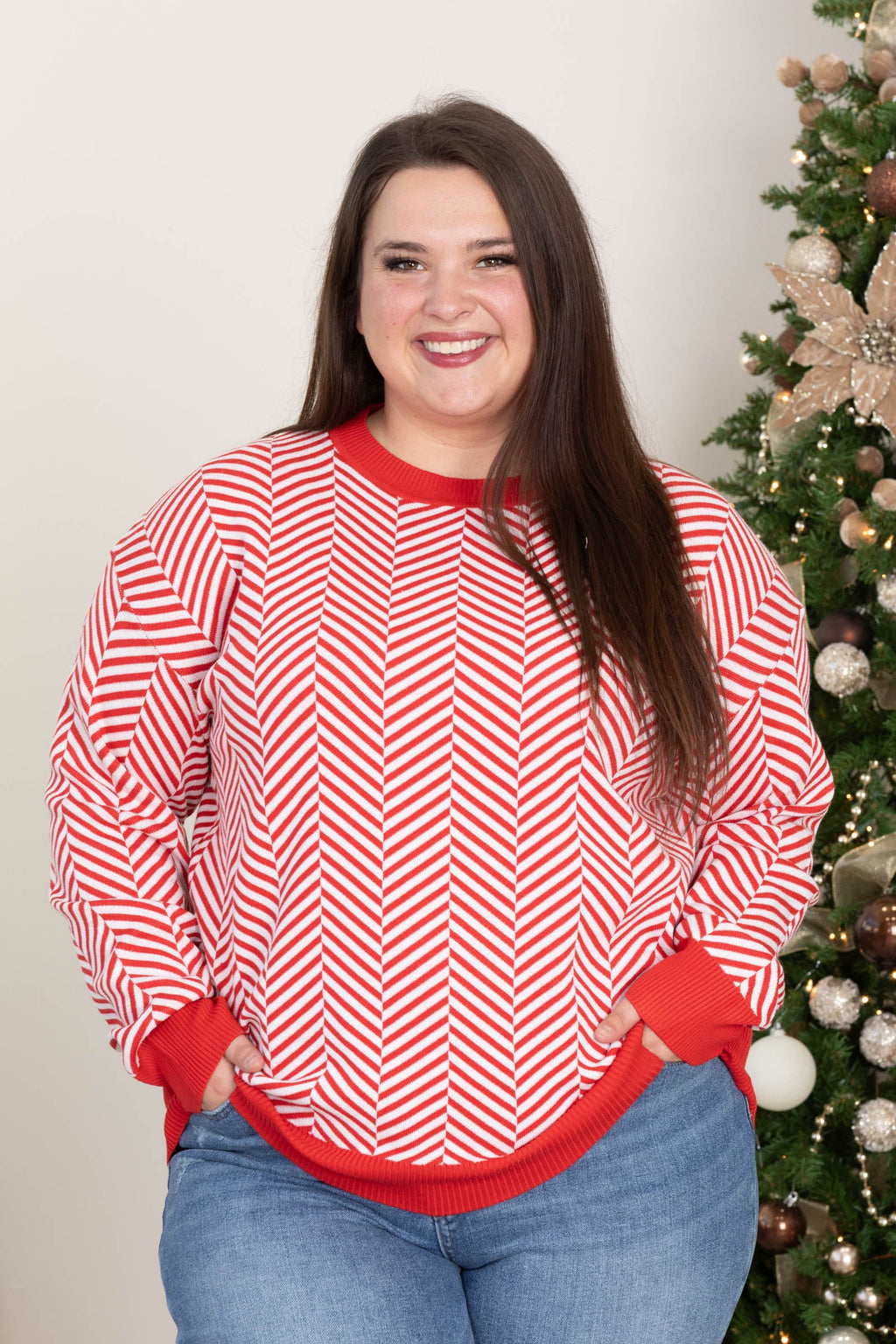 Red And White Stripe Contrast Sweater