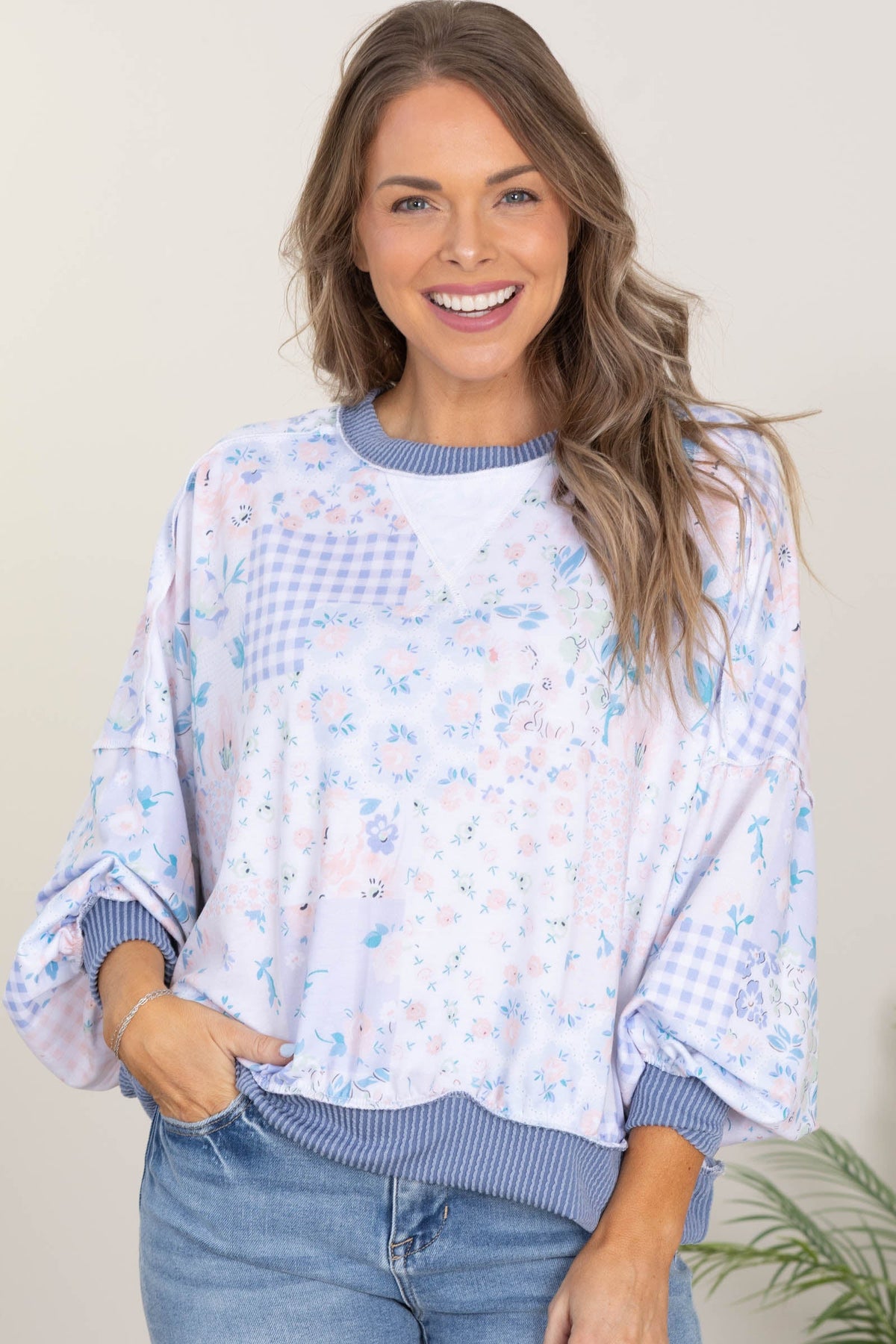 Dusty Blue Triangle Patchwork Knit Top